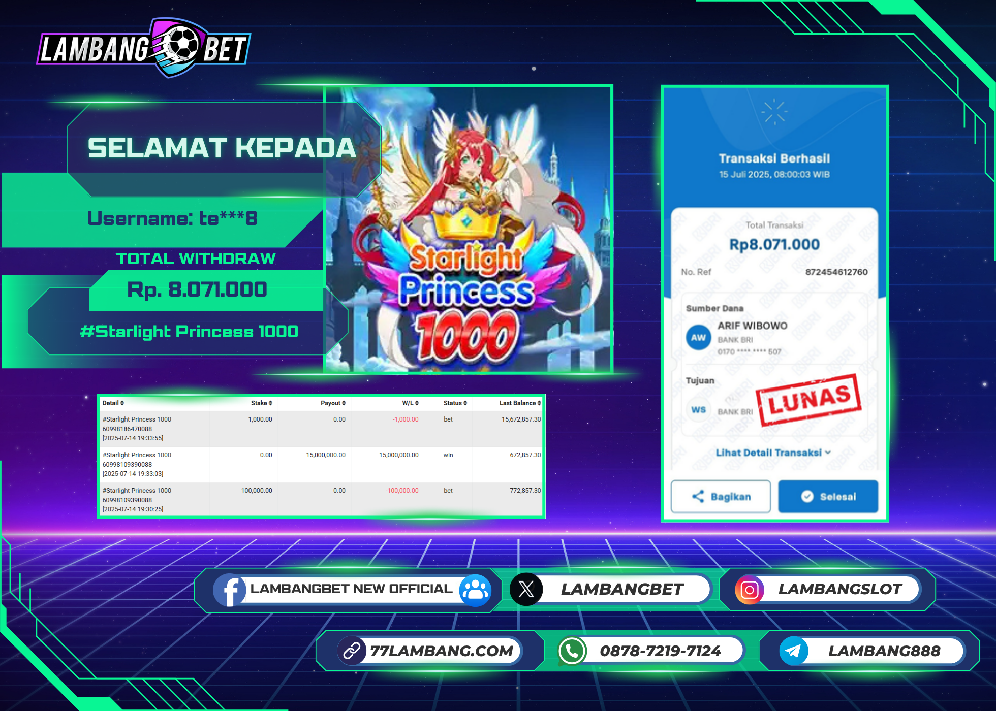 LAMBANGBET [15 JULY 2025] JACKPOT SLOT STARLIGHT PRINCESS 1000 "Rp8.071.000" LUNAS