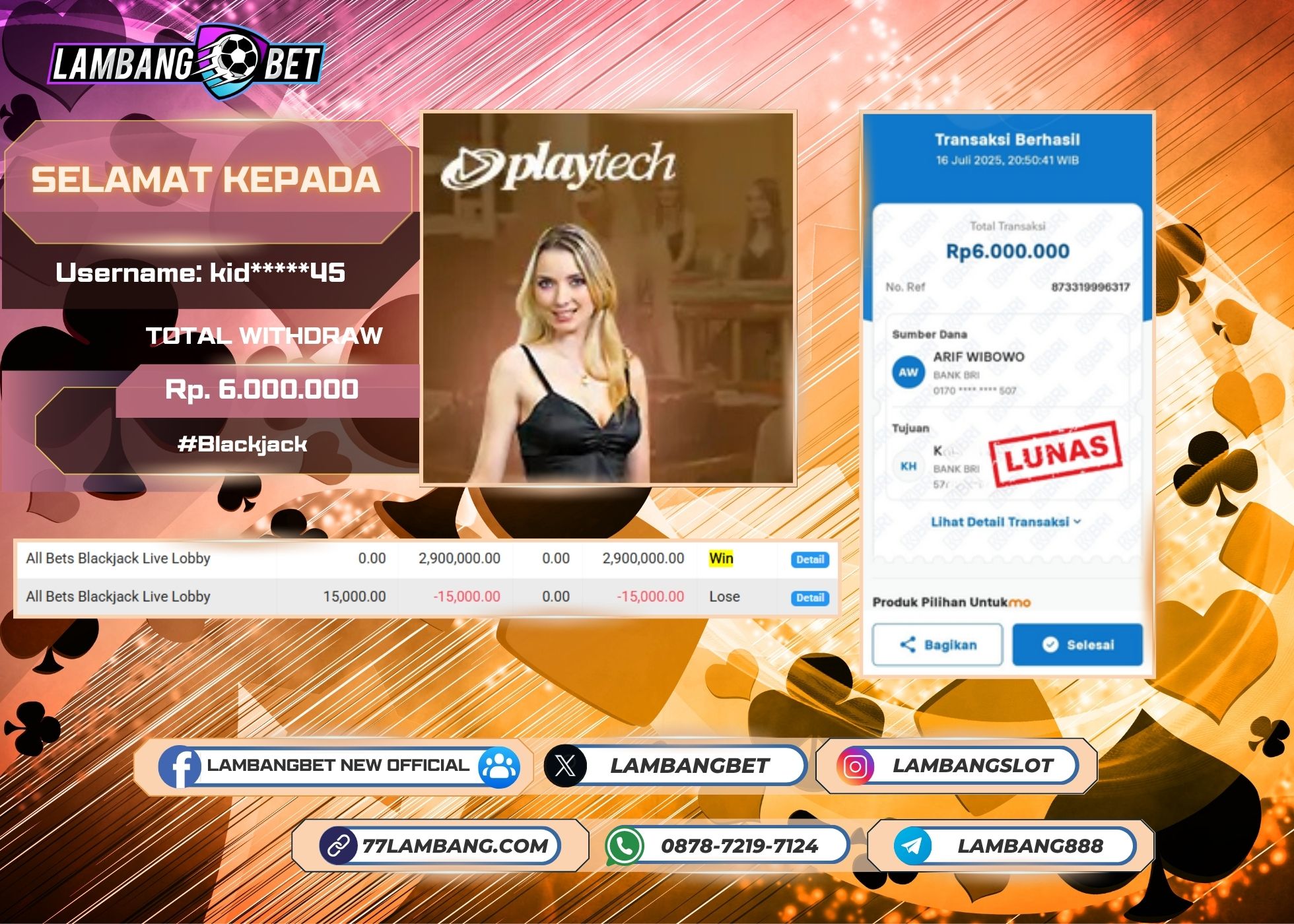 LAMBANGBET [16 JULY 2025] JACKPOT LIVE CASINO Blackjack "Rp6.000.000" LUNAS