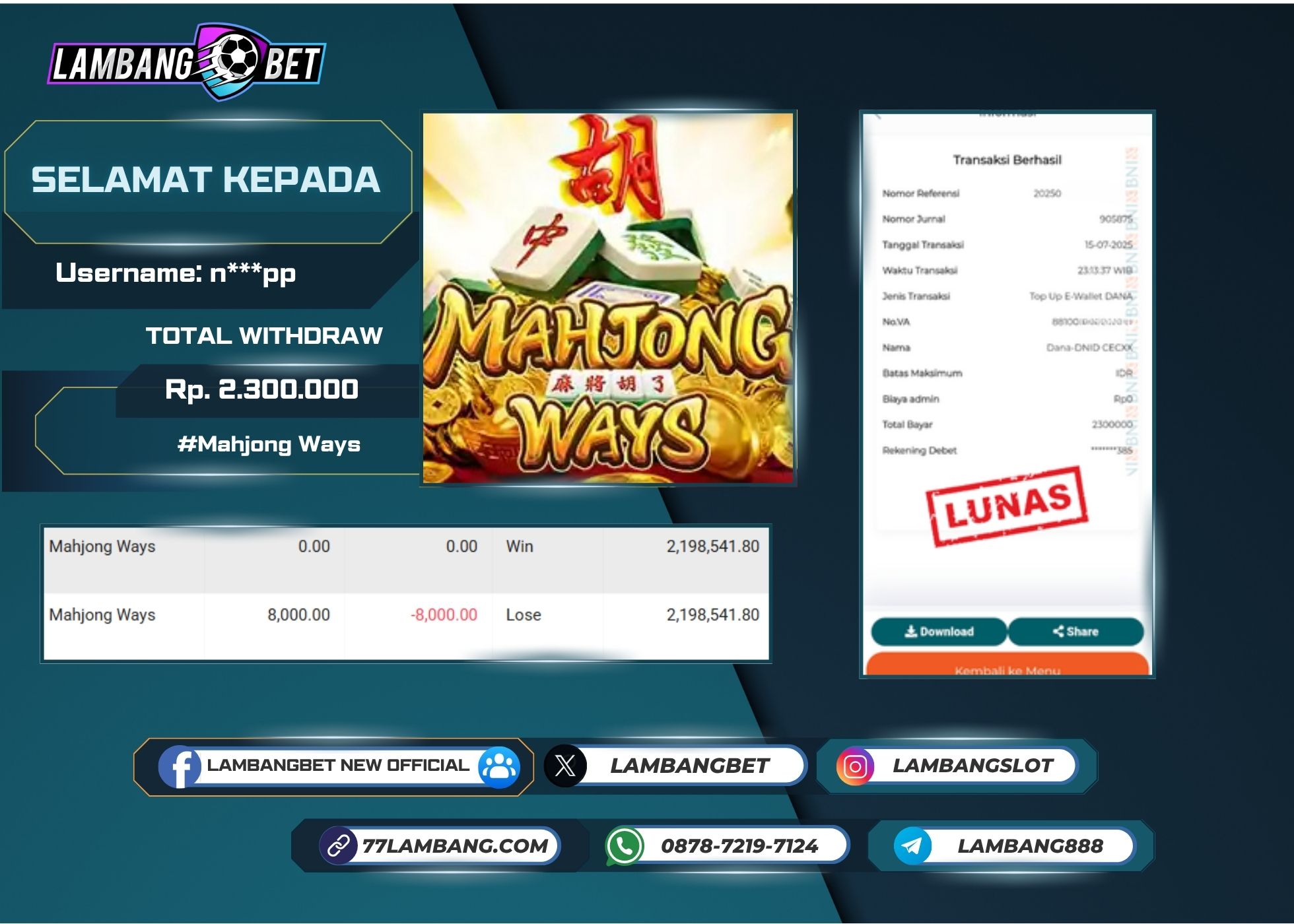LAMBANGBET [15 JULY 2025] JACKPOT SLOT Mahjong Ways "Rp2.300.000" LUNAS