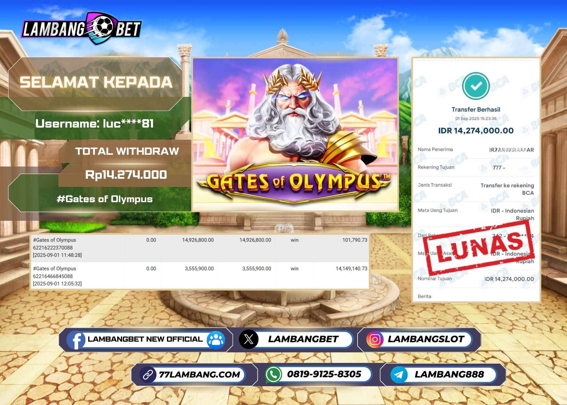 LAMBANGBET [1 SEPTEMBER 2025] JACKPOT SLOT Gates of Olympus "Rp14.274.000" LUNAS