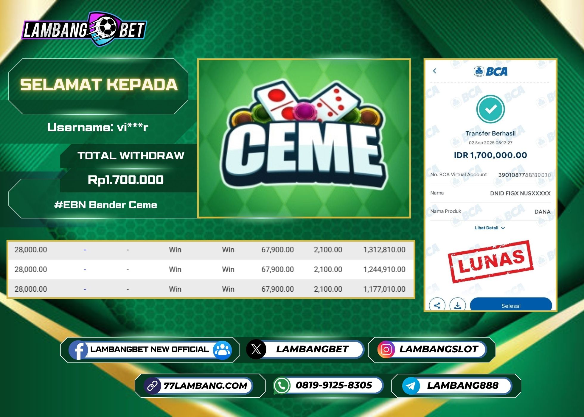 LAMBANGBET [2 SEPTEMBER 2025] JACKPOT EBN Bandar Ceme "Rp1.700.000" LUNAS