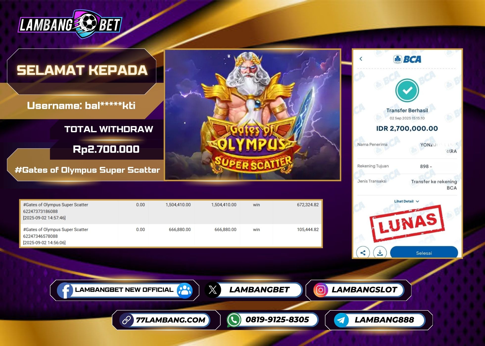LAMBANGBET [2 SEPTEMBER 2025] JACKPOT SLOT Gates of Olympus Super Scatter "Rp2.700.000" LUNAS