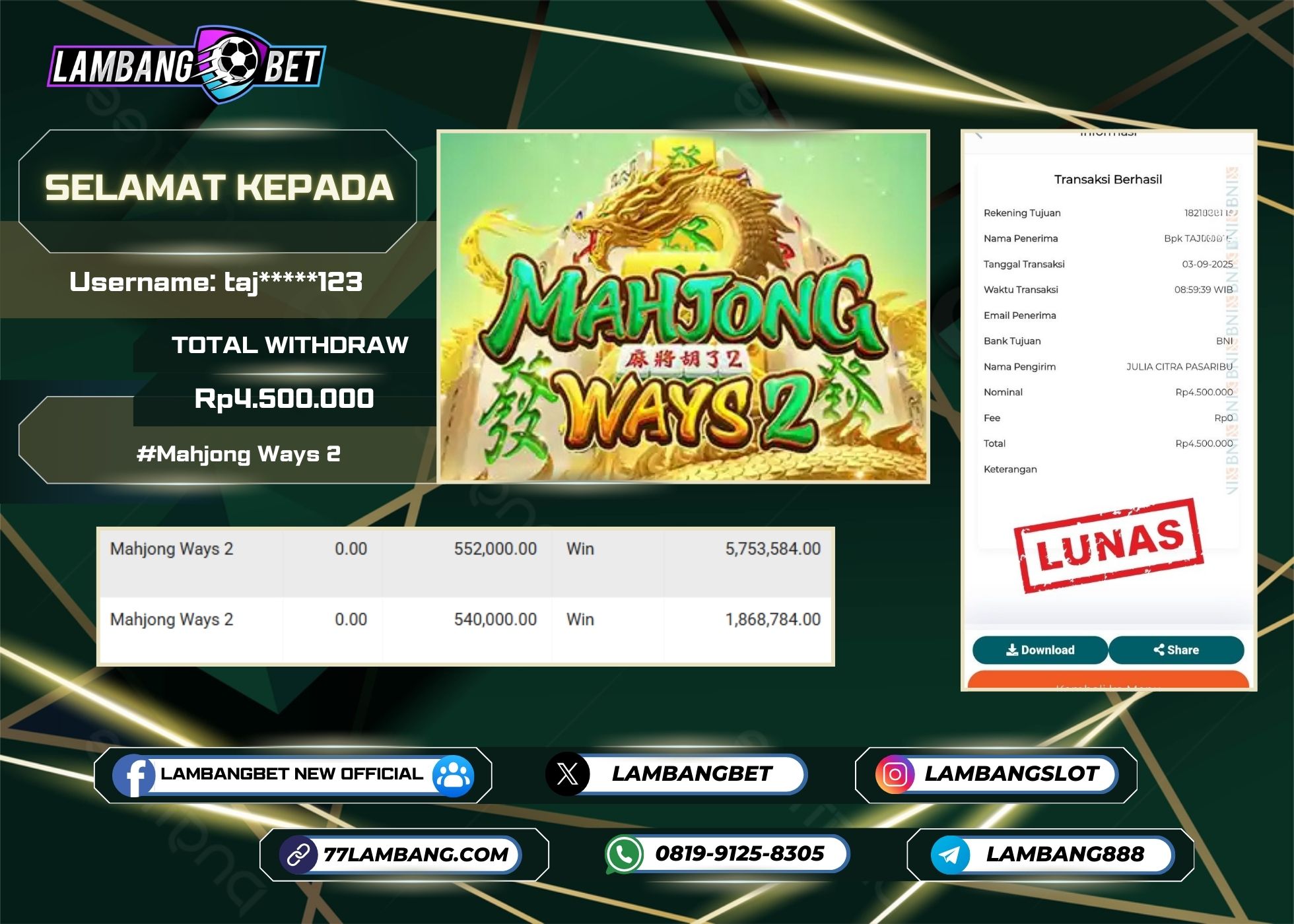 LAMBANGBET [3 SEPTEMBER 2025] JACKPOT SLOT Mahjong Ways 2 "Rp4.500.000" LUNAS
