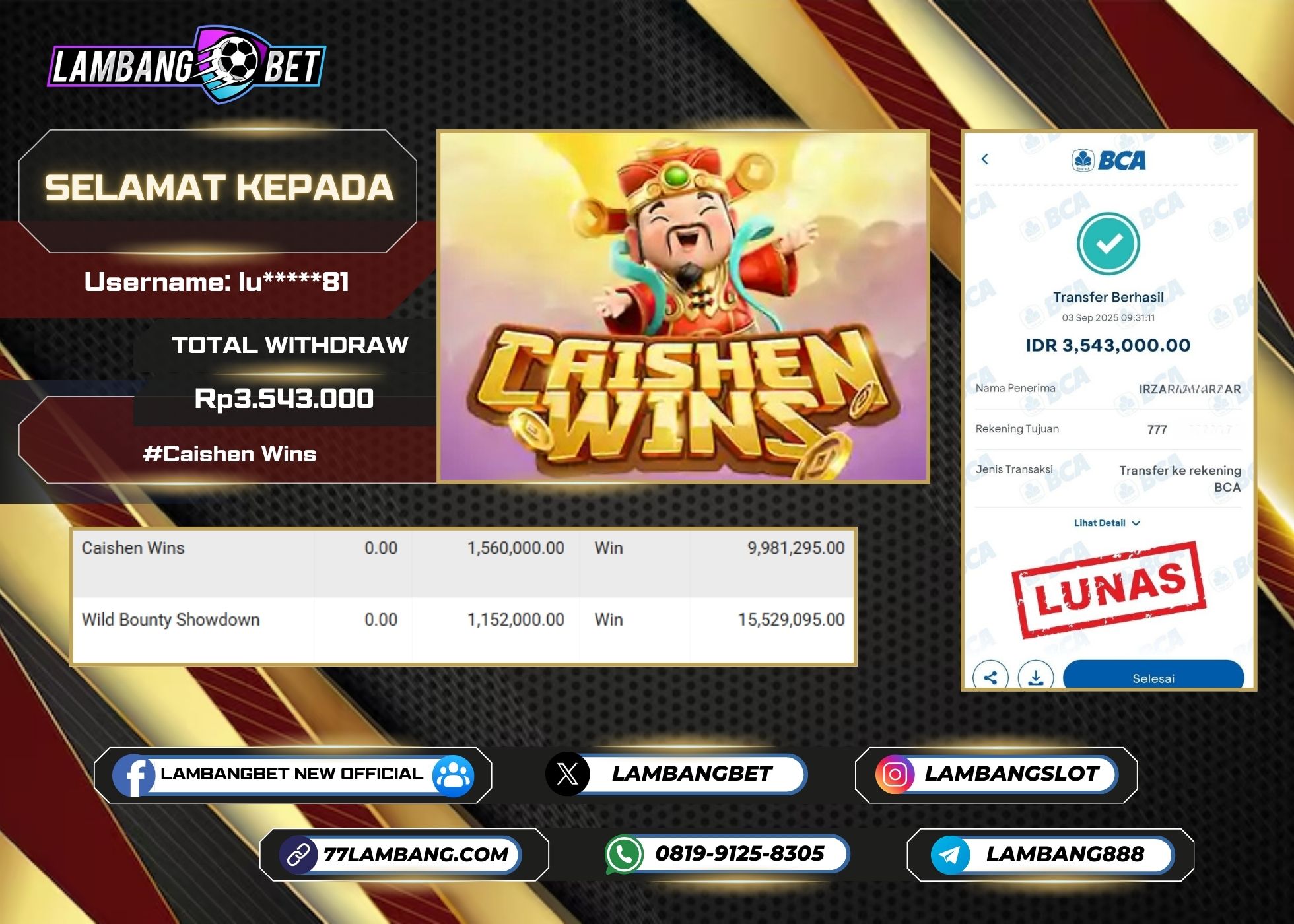 LAMBANGBET [3 SEPTEMBER 2025] JACKPOT SLOT Caishen Wins "Rp3.543.000" LUNAS
