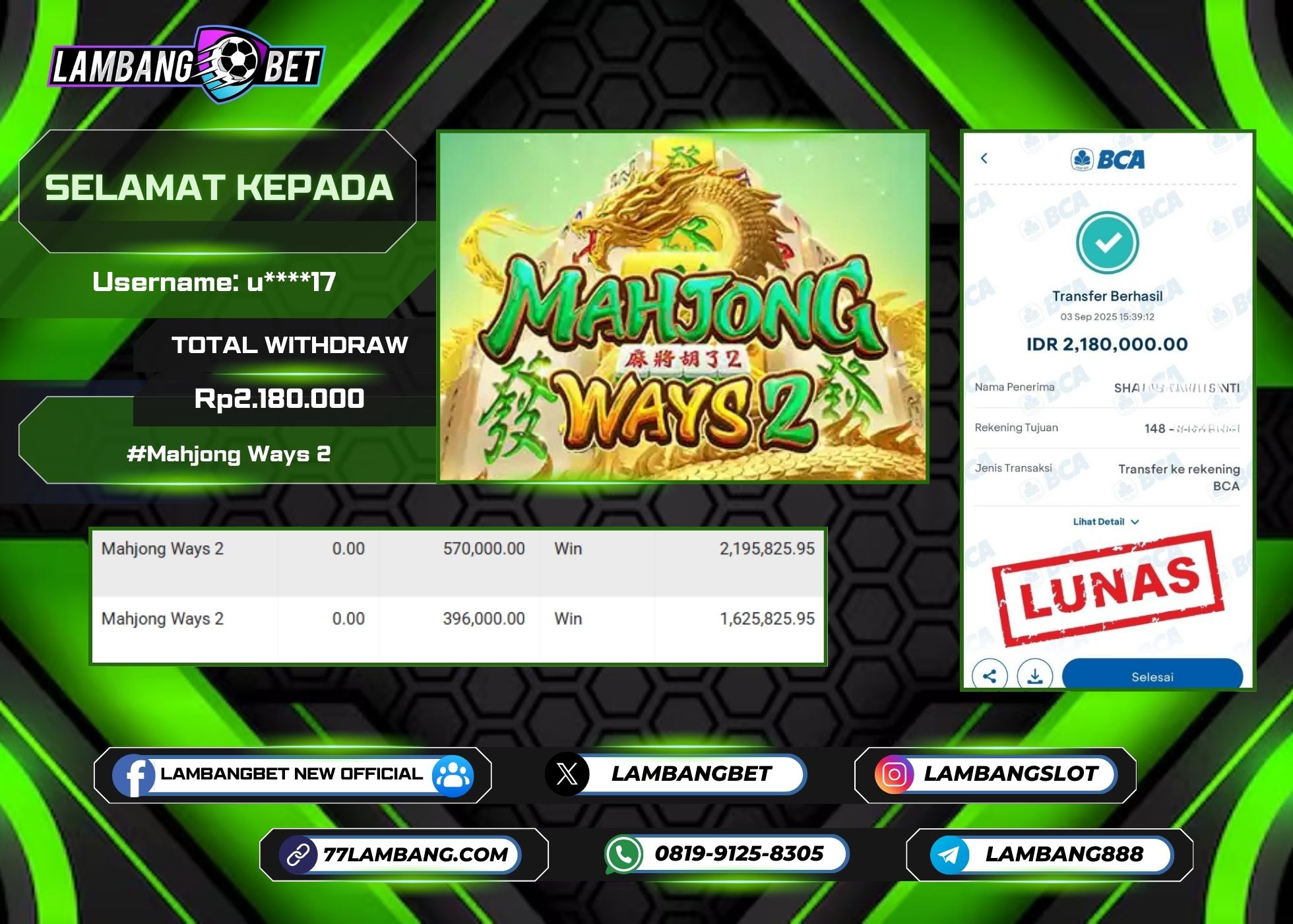 LAMBANGBET [3 SEPTEMBER 2025] JACKPOT SLOT Mahjong Ways 2 "Rp2.180.000" LUNAS