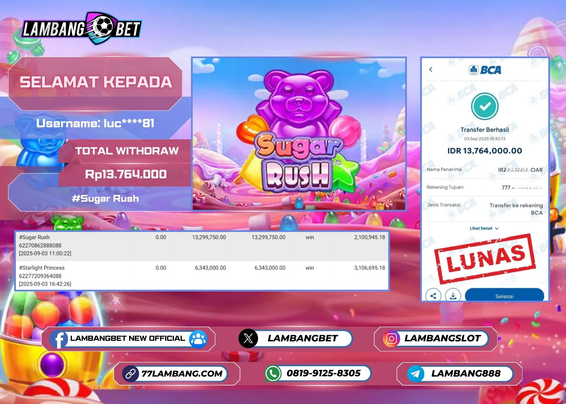 LAMBANGBET [3 SEPTEMBER 2025] JACKPOT SLOT Sugar Rush "Rp13.764.000" LUNAS