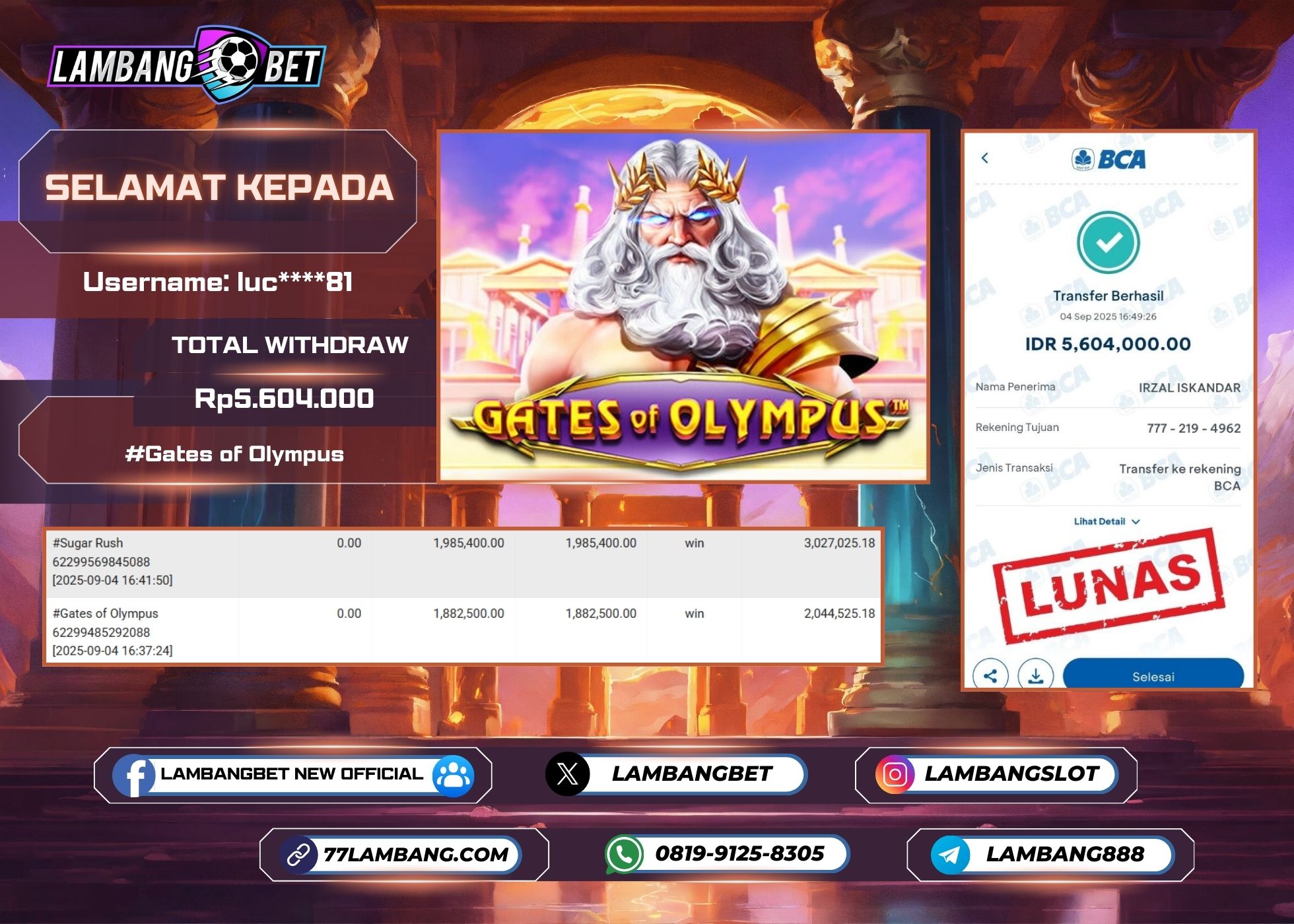 LAMBANGBET [4 SEPTEMBER 2025] JACKPOT SLOT Gates of Olympus "Rp5.604.000" LUNAS