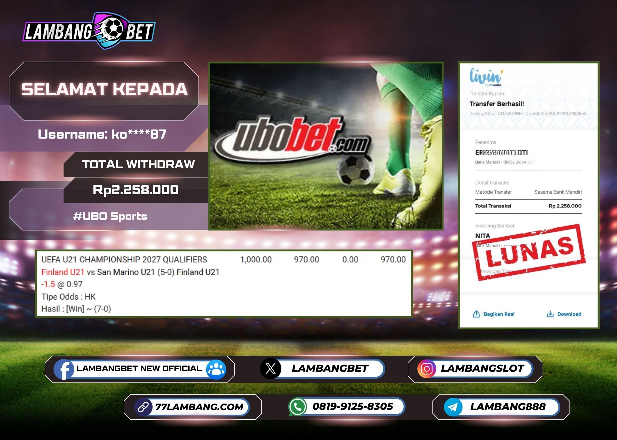 LAMBANGBET [5 SEPTEMBER 2025] JACKPOT UBO Sports "Rp2.258.000" LUNAS