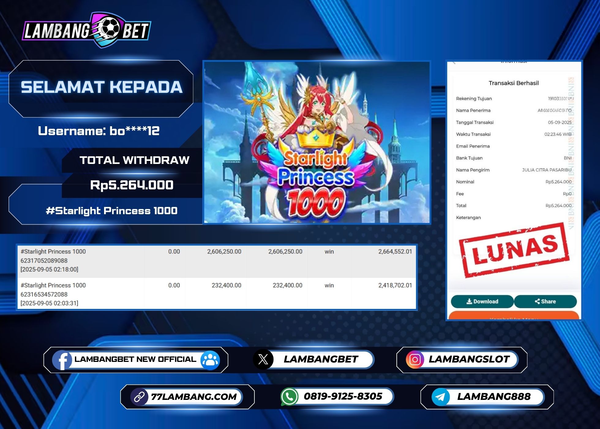 LAMBANGBET [5 SEPTEMBER 2025] JACKPOT SLOT Starlight Princess 1000 "Rp5.264.000" LUNAS