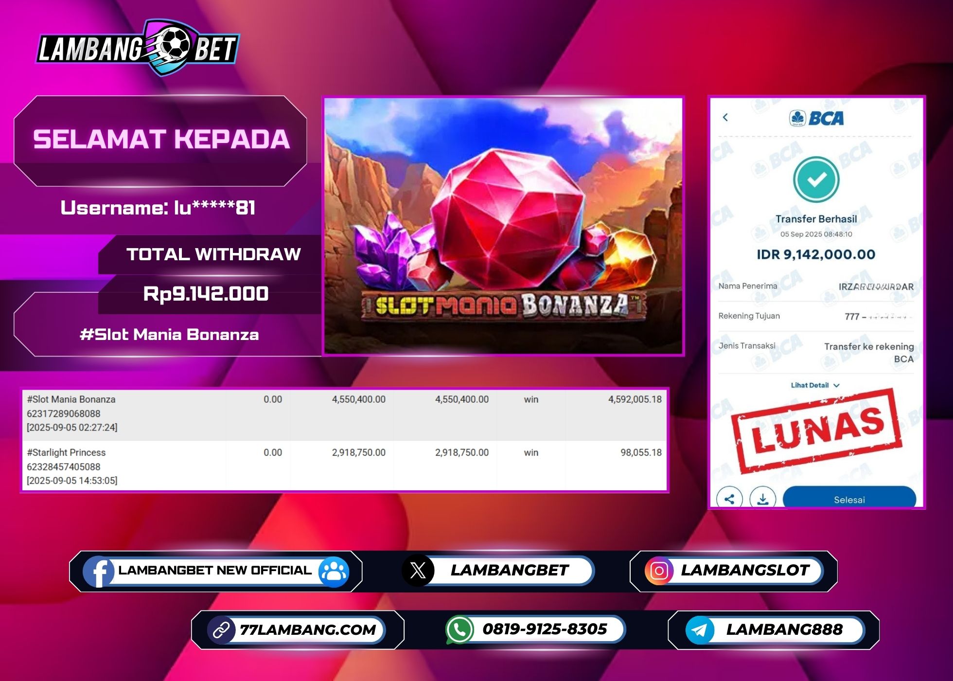 LAMBANGBET [5 SEPTEMBER 2025] JACKPOT SLOT Slot Mania Bonanza "Rp9.142.000" LUNAS