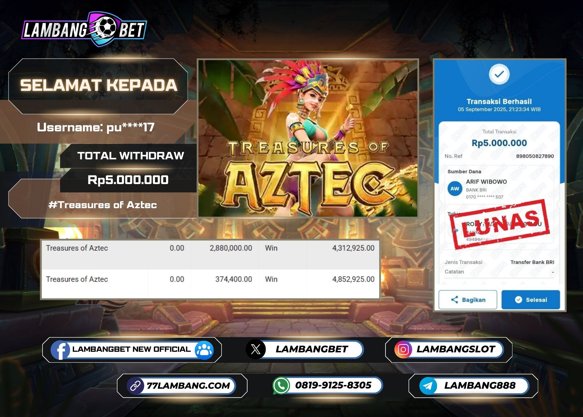 LAMBANGBET [5 SEPTEMBER 2025] JACKPOT SLOT Treasures of Aztec "Rp5.000.000" LUNAS