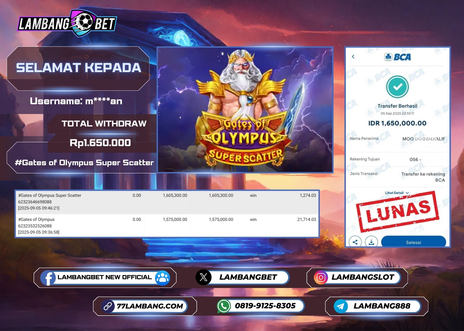 LAMBANGBET [5 SEPTEMBER 2025] JACKPOT SLOT Gates of Olympus Super Scatter "Rp1.650.000" LUNAS