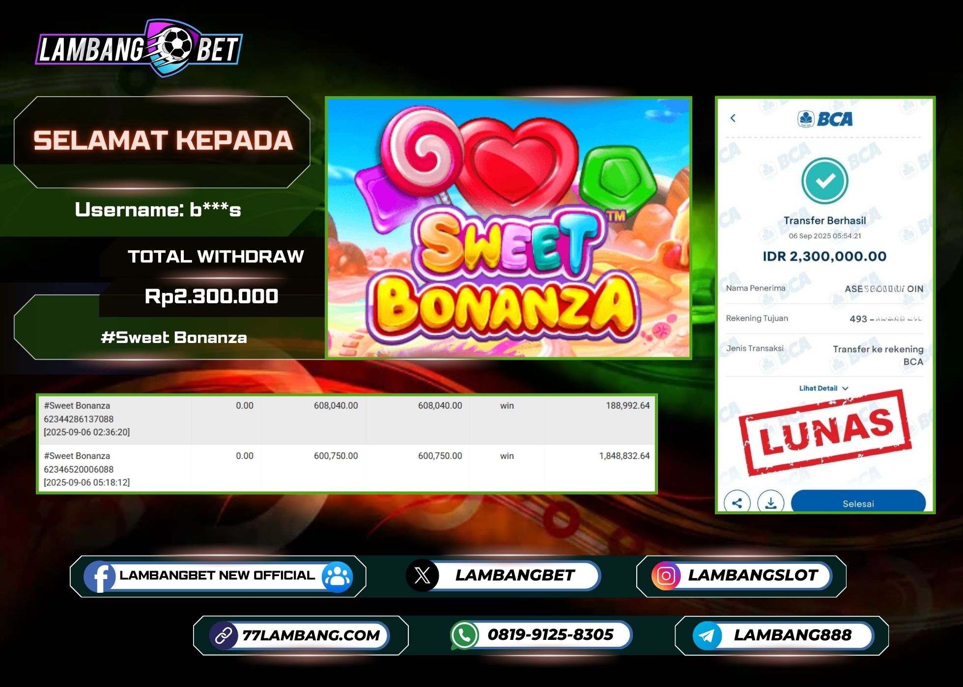 LAMBANGBET [6 SEPTEMBER 2025] JACKPOT SLOT Sweet Bonanza "Rp2.300.000" LUNAS