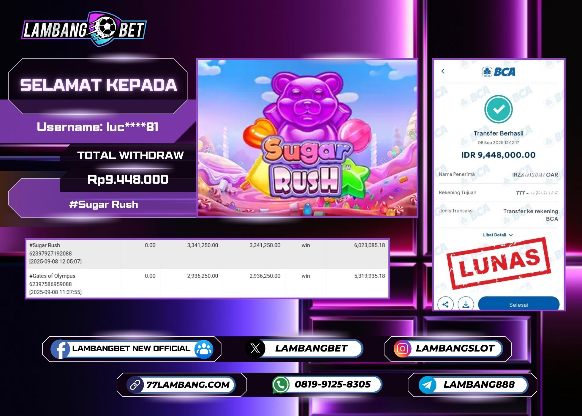 LAMBANGBET [8 SEPTEMBER 2025] JACKPOT SLOT Sugar Rush "Rp9.448.000" LUNAS