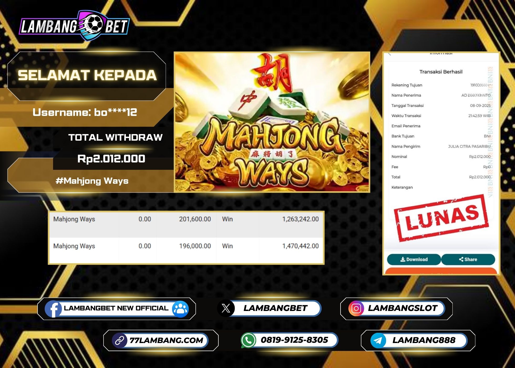 LAMBANGBET [8 SEPTEMBER 2025] JACKPOT SLOT Mahjong Ways "Rp2.012.000" LUNAS
