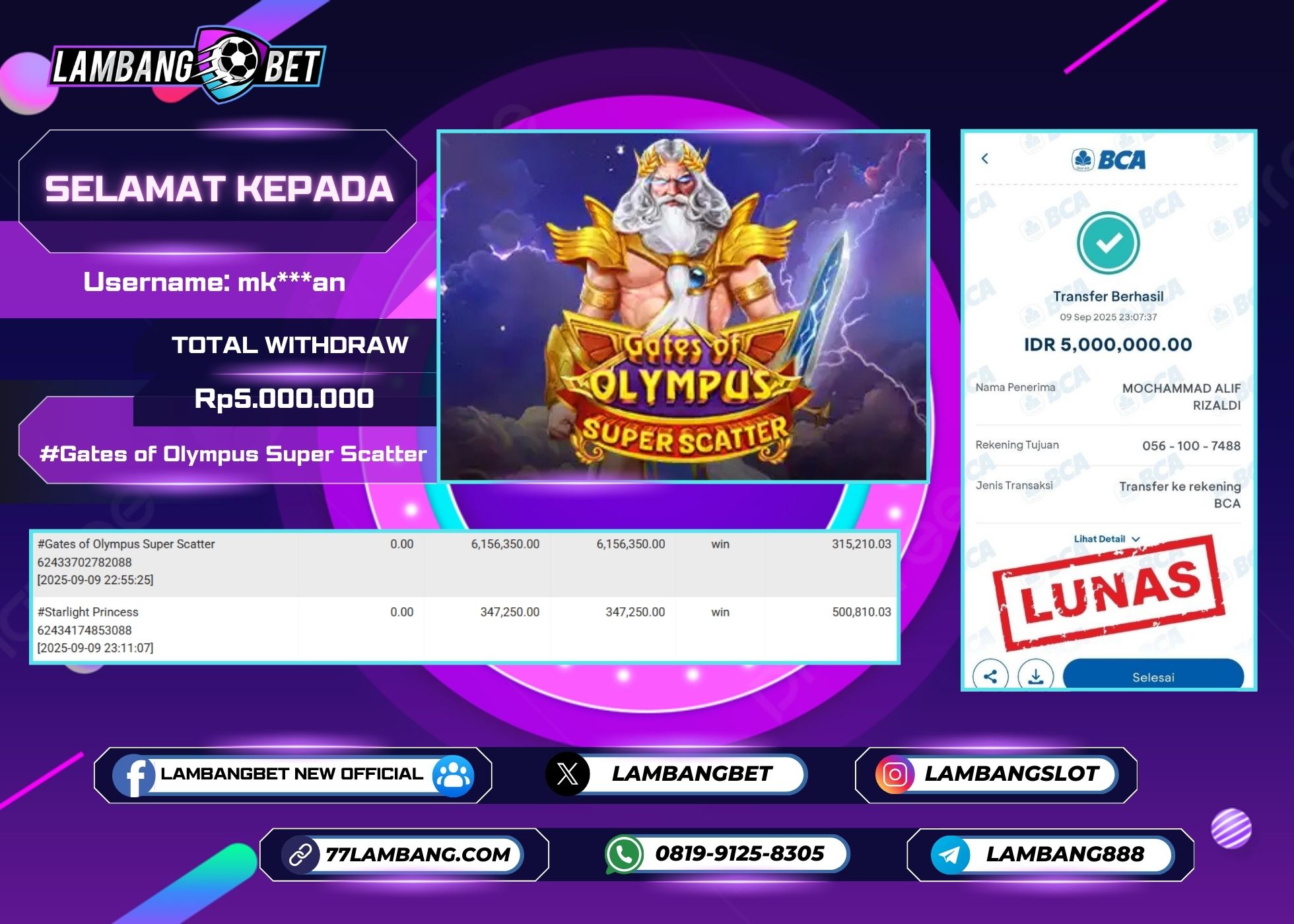 LAMBANGBET [9 SEPTEMBER 2025] JACKPOT SLOT Gates of Olympus Super Scatter "Rp5.000.000" LUNAS