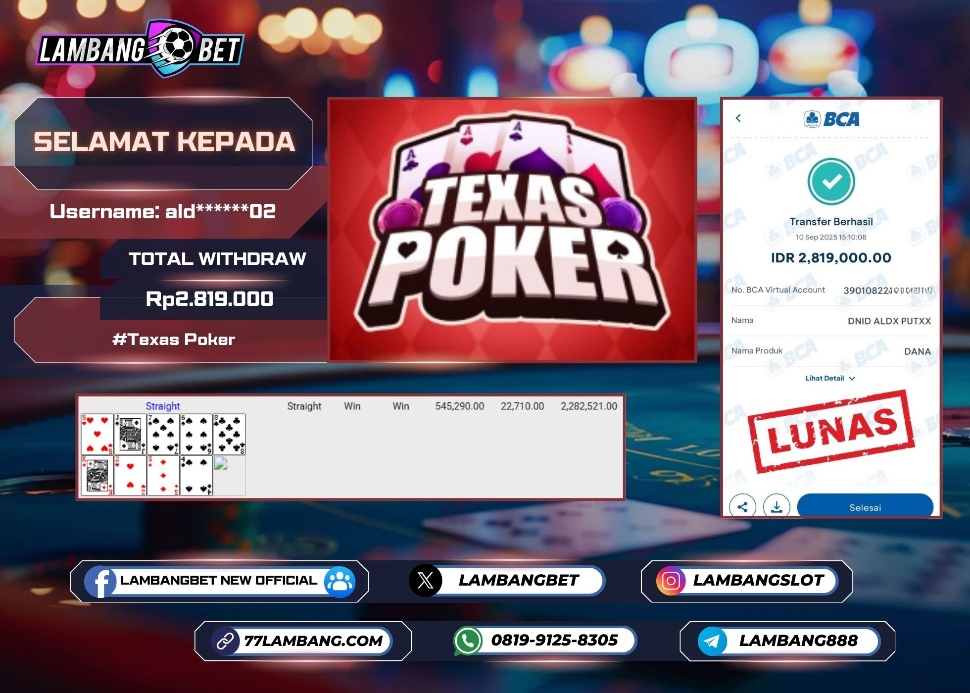 LAMBANGBET [10 SEPTEMBER 2025] JACKPOT IDN POKER Texas Poker "Rp2.819.000" LUNAS