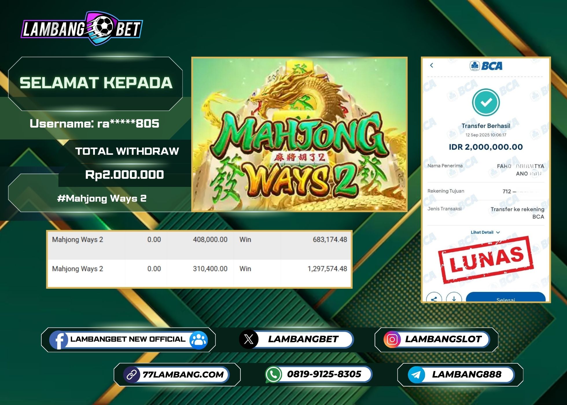 LAMBANGBET [12 SEPTEMBER 2025] JACKPOT SLOT Mahjong Ways 2 "Rp2.000.000" LUNAS