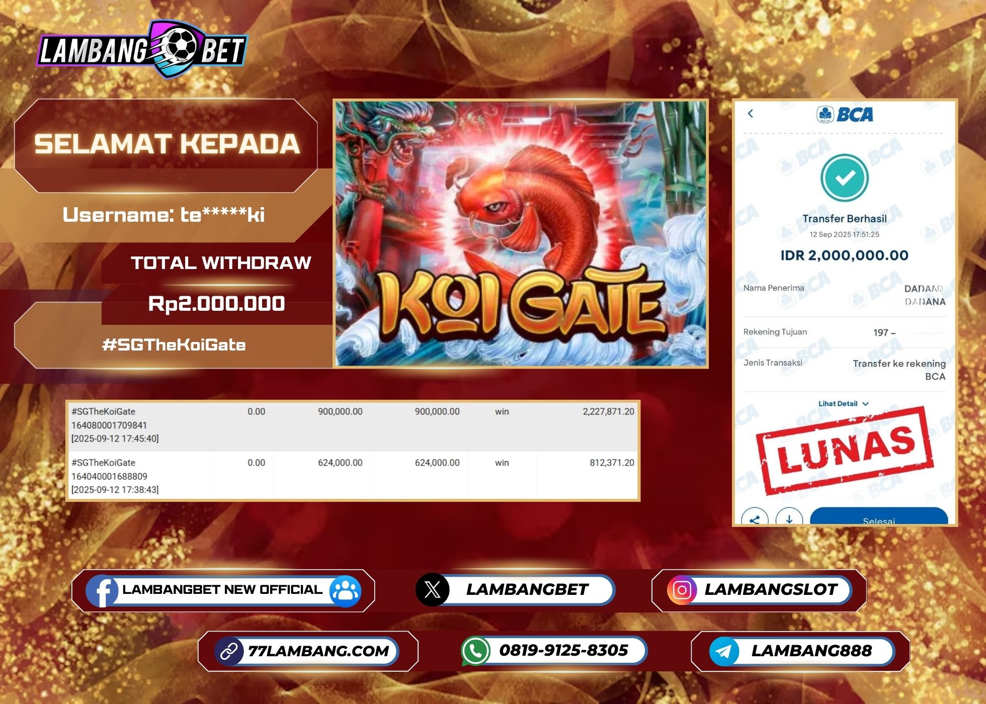 LAMBANGBET [12 SEPTEMBER 2025] JACKPOT SLOT SGTheKoiGate "Rp2.000.000" LUNAS