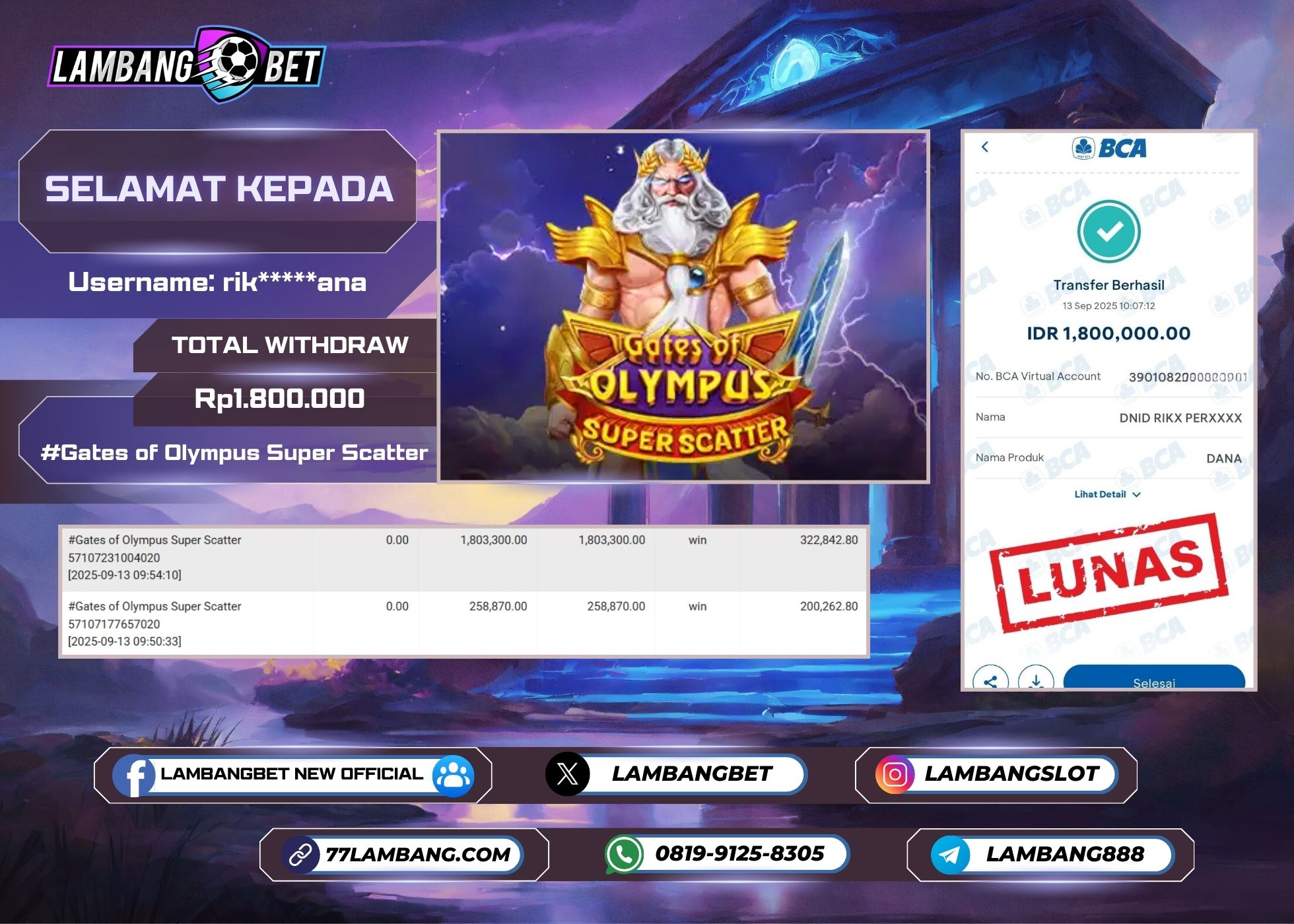 LAMBANGBET [13 SEPTEMBER 2025] JACKPOT SLOT Gates of Olympus Super Scatter "Rp1.800.000" LUNAS