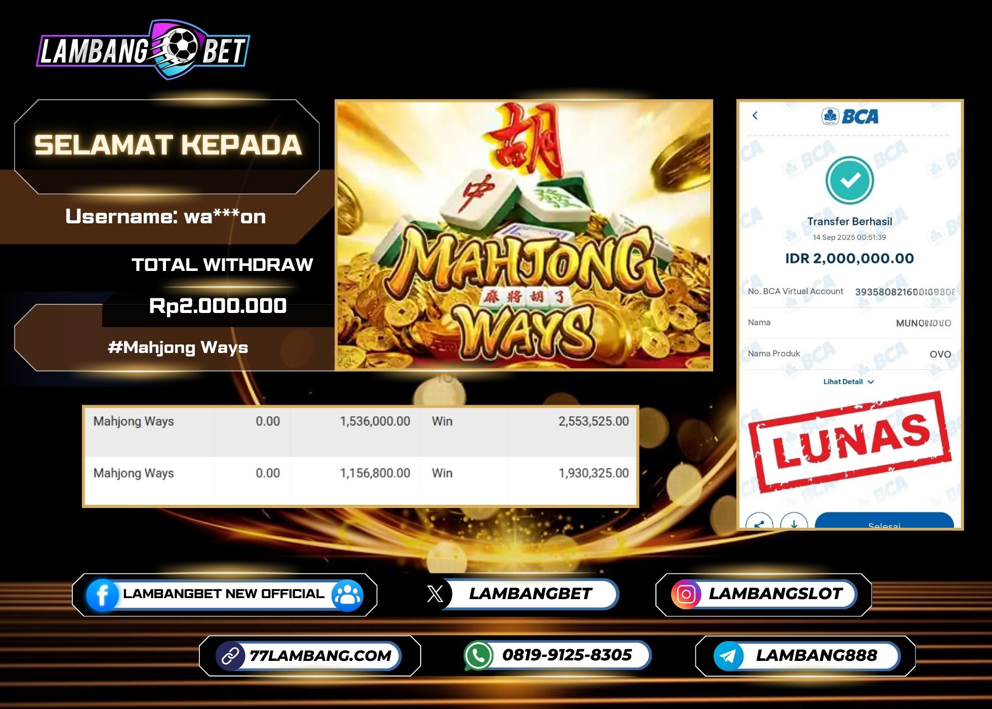 LAMBANGBET [14 SEPTEMBER 2025] JACKPOT SLOT Mahjong Ways "Rp2.000.000" LUNAS