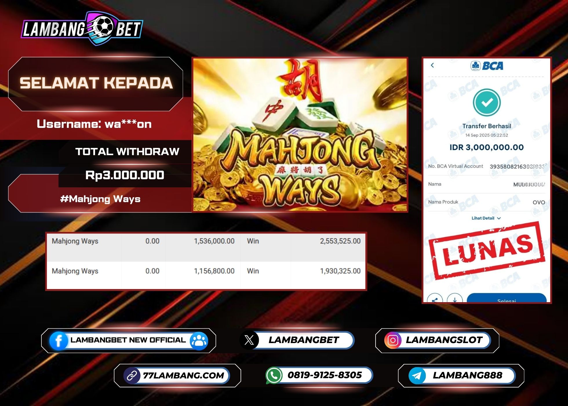 LAMBANGBET [14 SEPTEMBER 2025] JACKPOT SLOT Mahjong Ways "Rp3.000.000" LUNAS