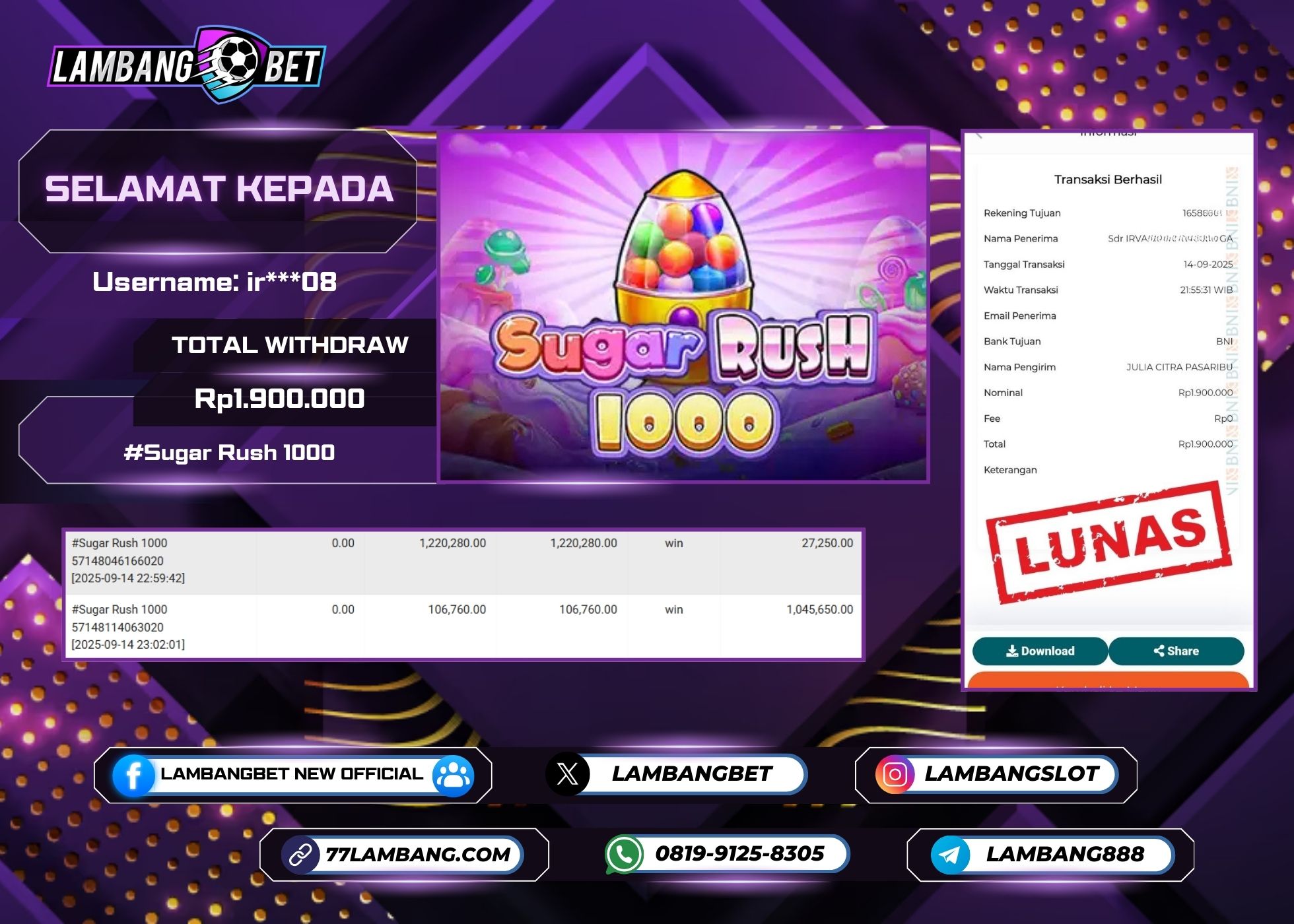 LAMBANGBET [14 SEPTEMBER 2025] JACKPOT SLOT Sugar Rush 1000 "Rp1.900.000" LUNAS