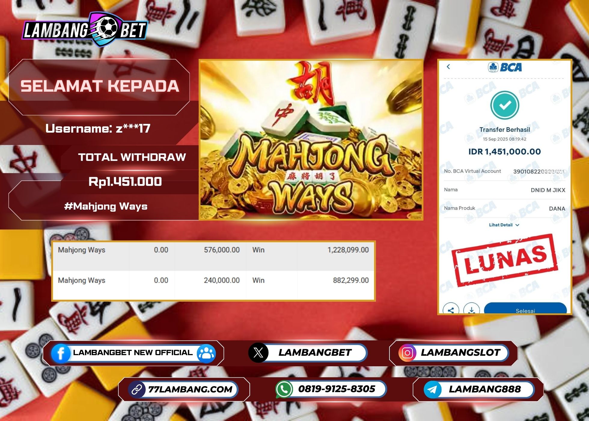 LAMBANGBET [15 SEPTEMBER 2025] JACKPOT SLOT Mahjong Ways "Rp1.451.000" LUNAS