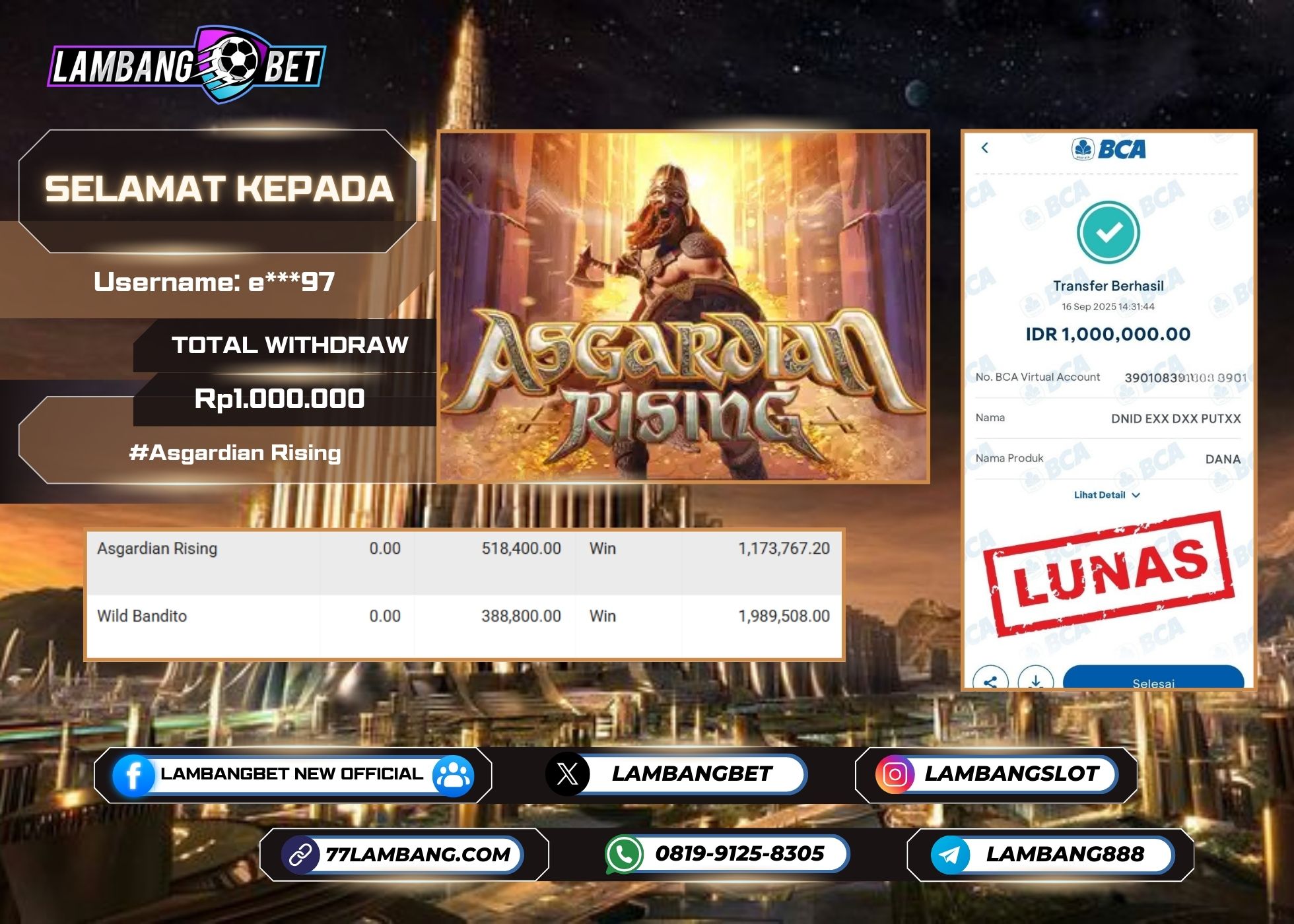 LAMBANGBET [16 SEPTEMBER 2025] JACKPOT SLOT Asgardian Rising "Rp1.000.000" LUNAS