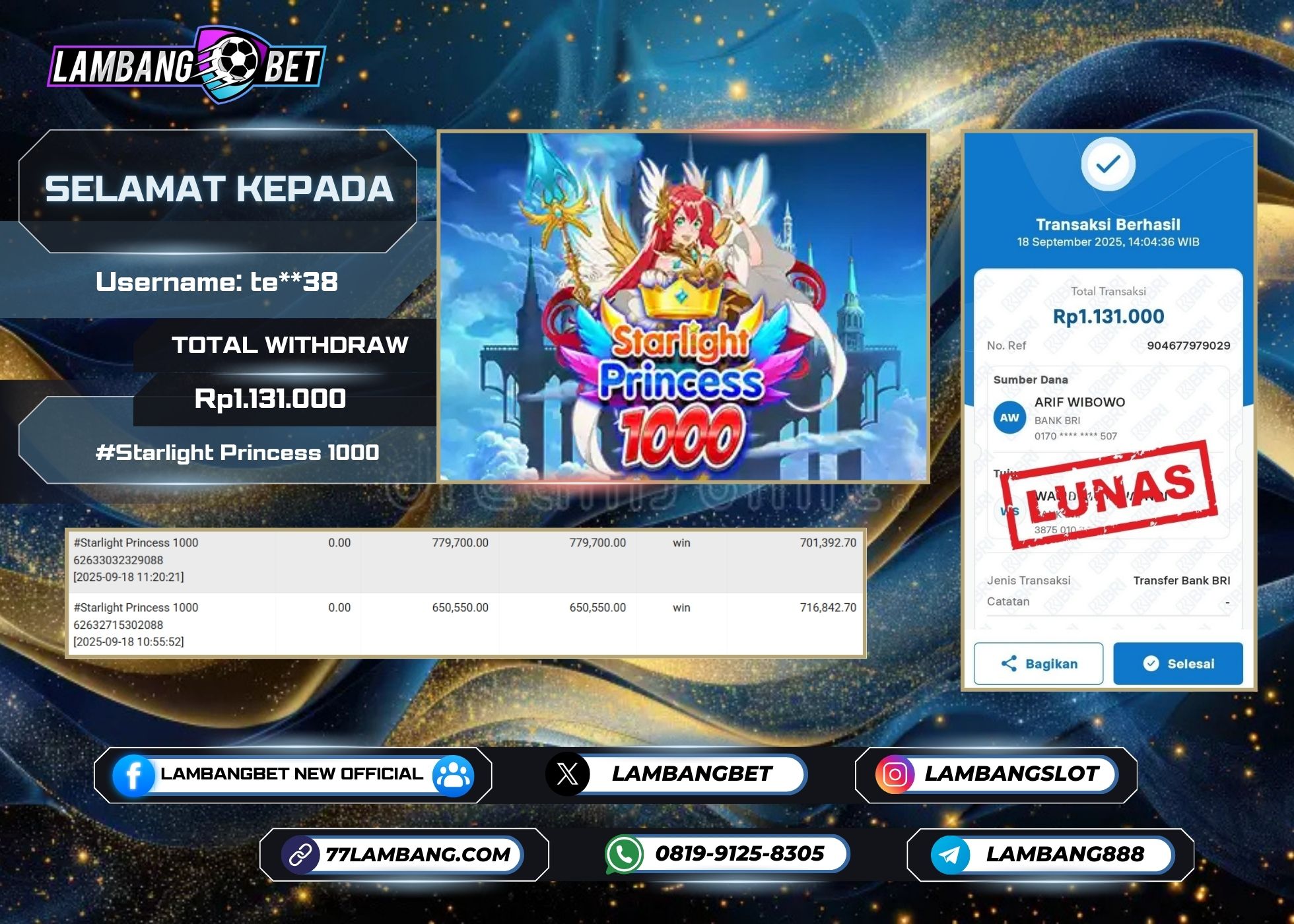LAMBANGBET [18 SEPTEMBER 2025] JACKPOT SLOT Starlight Princess 1000 "Rp1.131.000" LUNAS