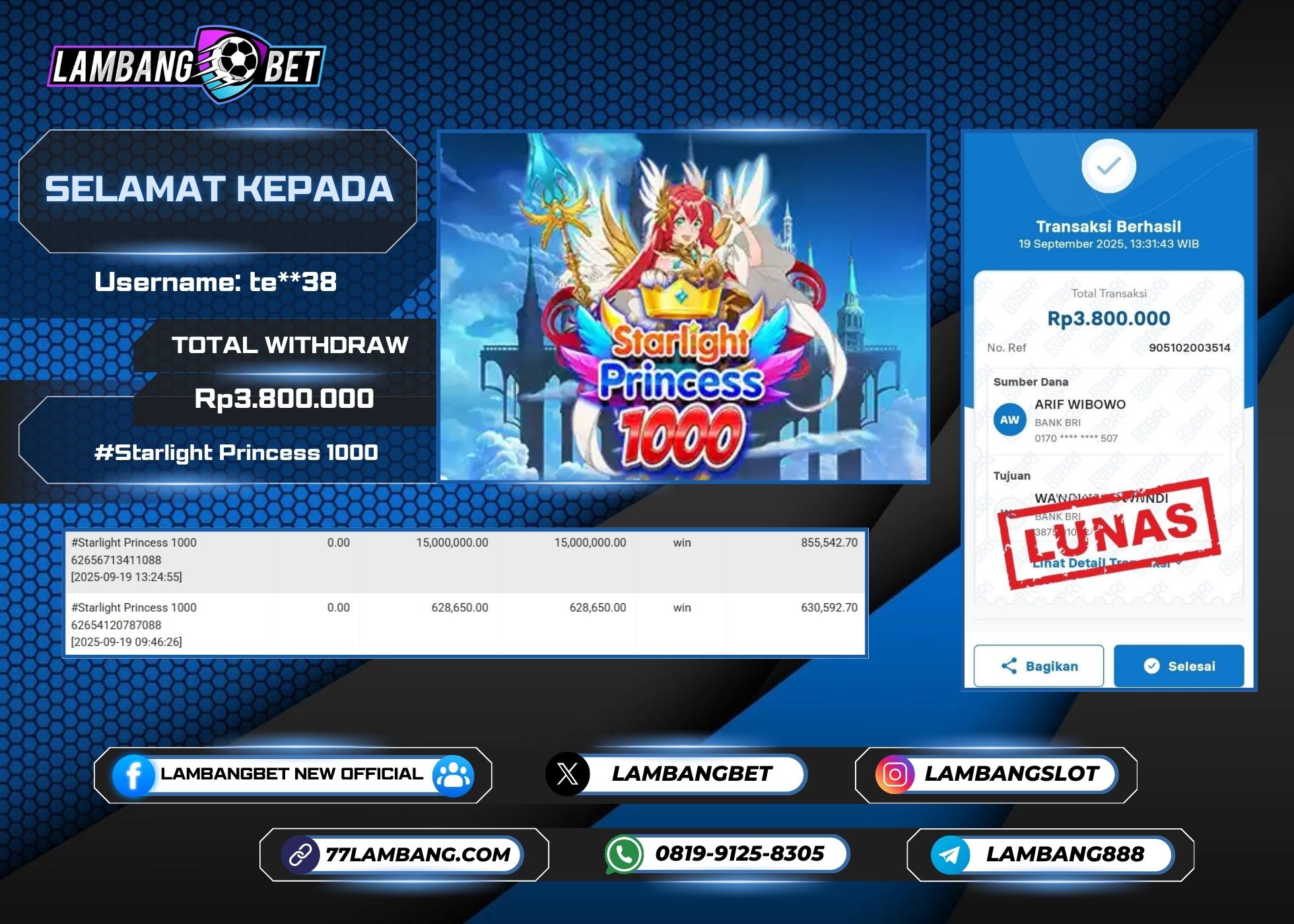 LAMBANGBET [19 SEPTEMBER 2025] JACKPOT SLOT Starlight Princess 1000 "Rp3.800.000" LUNAS