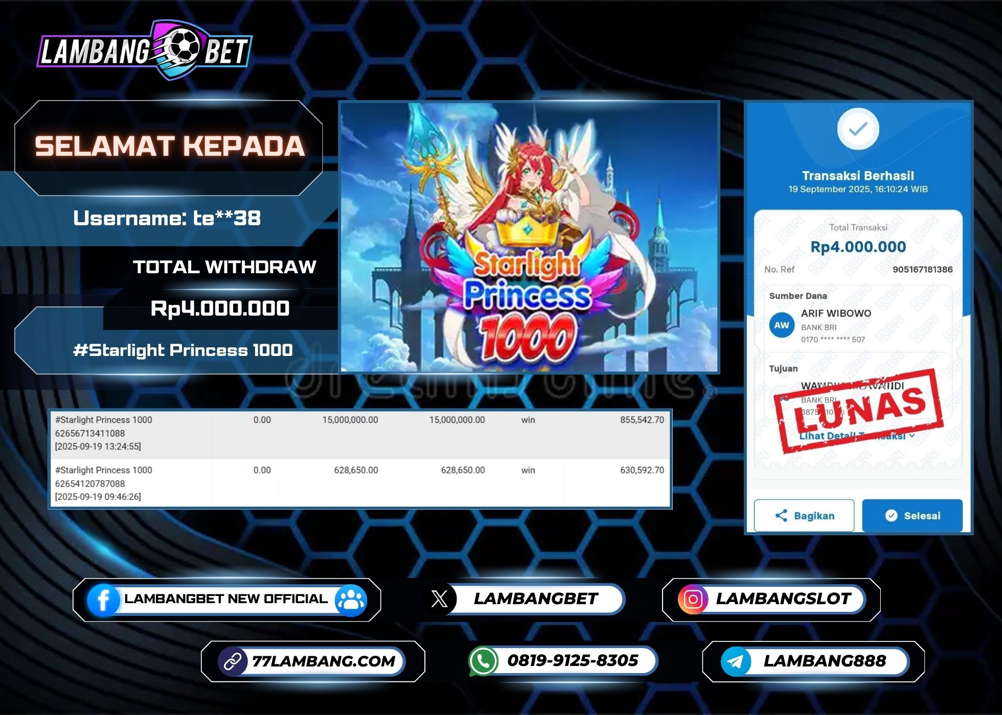 LAMBANGBET [19 SEPTEMBER 2025] JACKPOT SLOT Starlight Princess 1000 "Rp4000.000" LUNAS