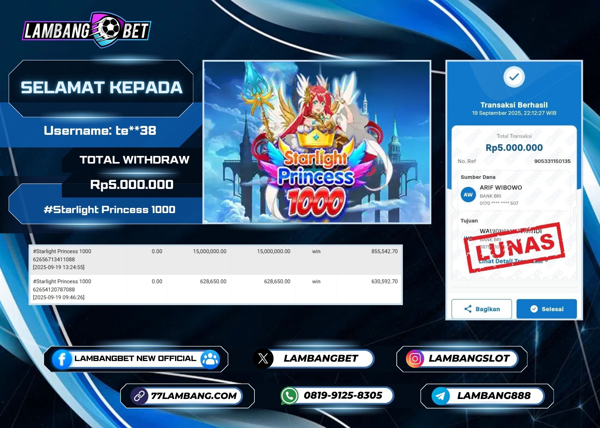 LAMBANGBET [19 SEPTEMBER 2025] JACKPOT SLOT Starlight Princess 1000 "Rp5000.000" LUNAS