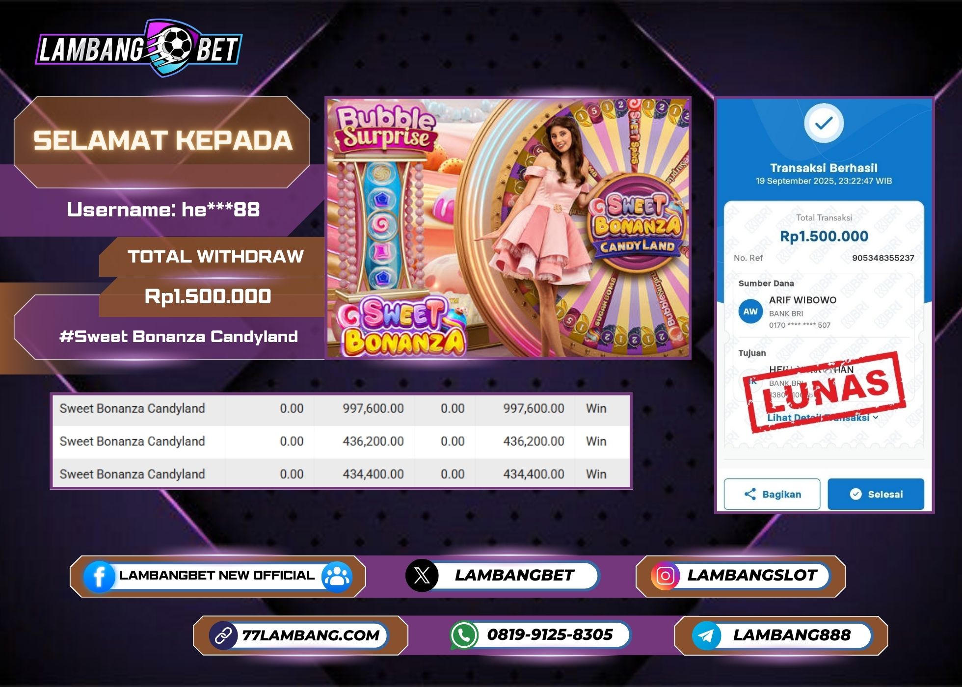 LAMBANGBET [19 SEPTEMBER 2025] JACKPOT LIVE CASINO Sweet Bonanza Candyland "Rp1.500.000" LUNAS