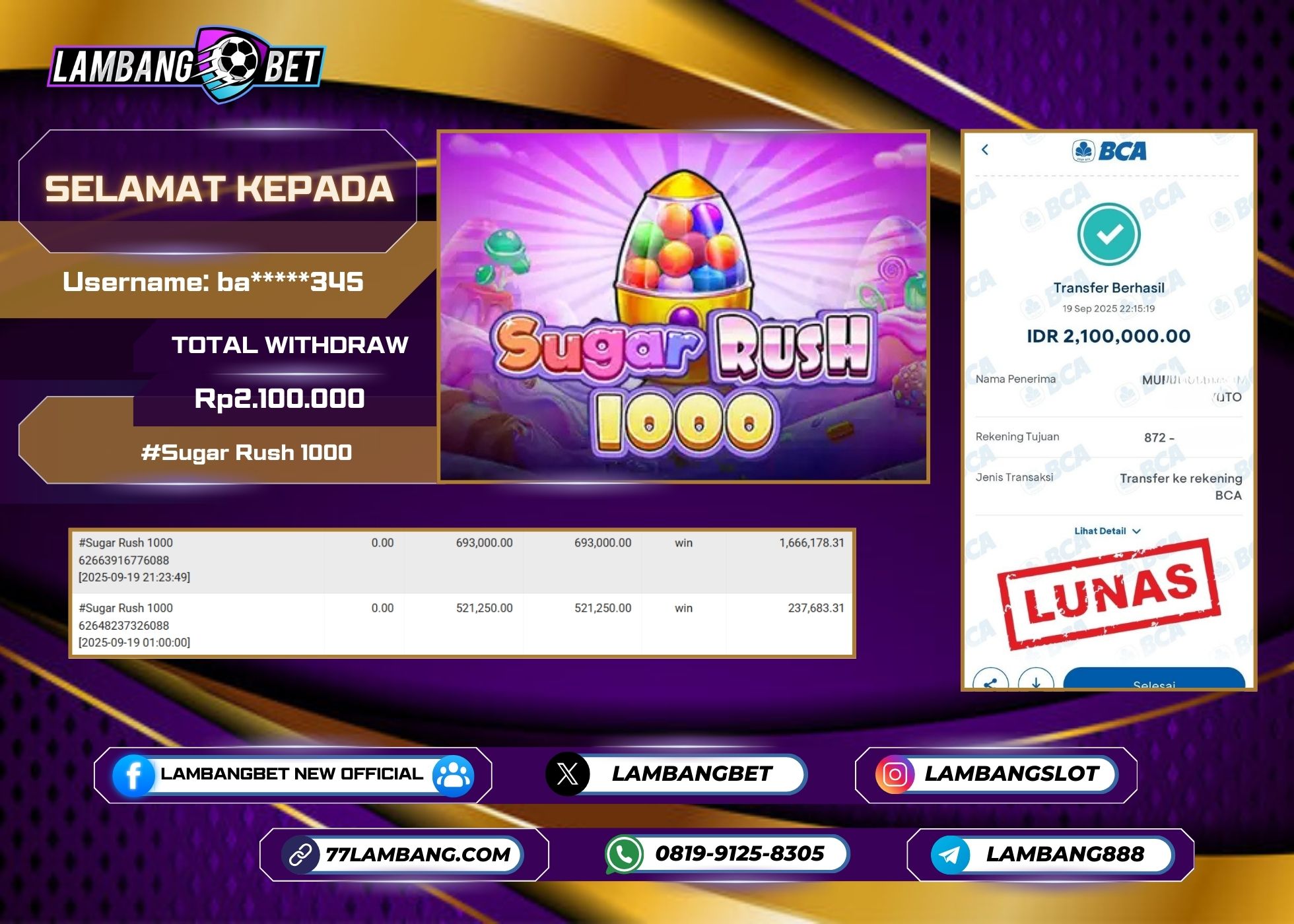 LAMBANGBET [19 SEPTEMBER 2025] JACKPOT SLOT Sugar Rush 1000 "Rp2.100.000" LUNAS