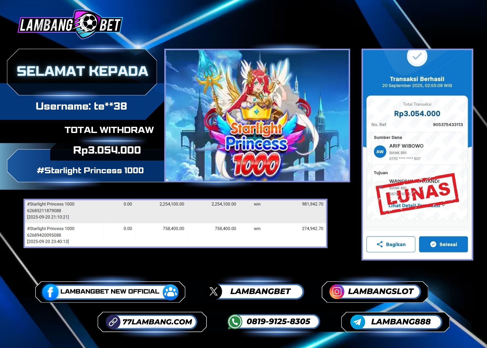 LAMBANGBET [20 SEPTEMBER 2025] JACKPOT SLOT Starlight Princess 1000 "Rp3.054.000" LUNAS