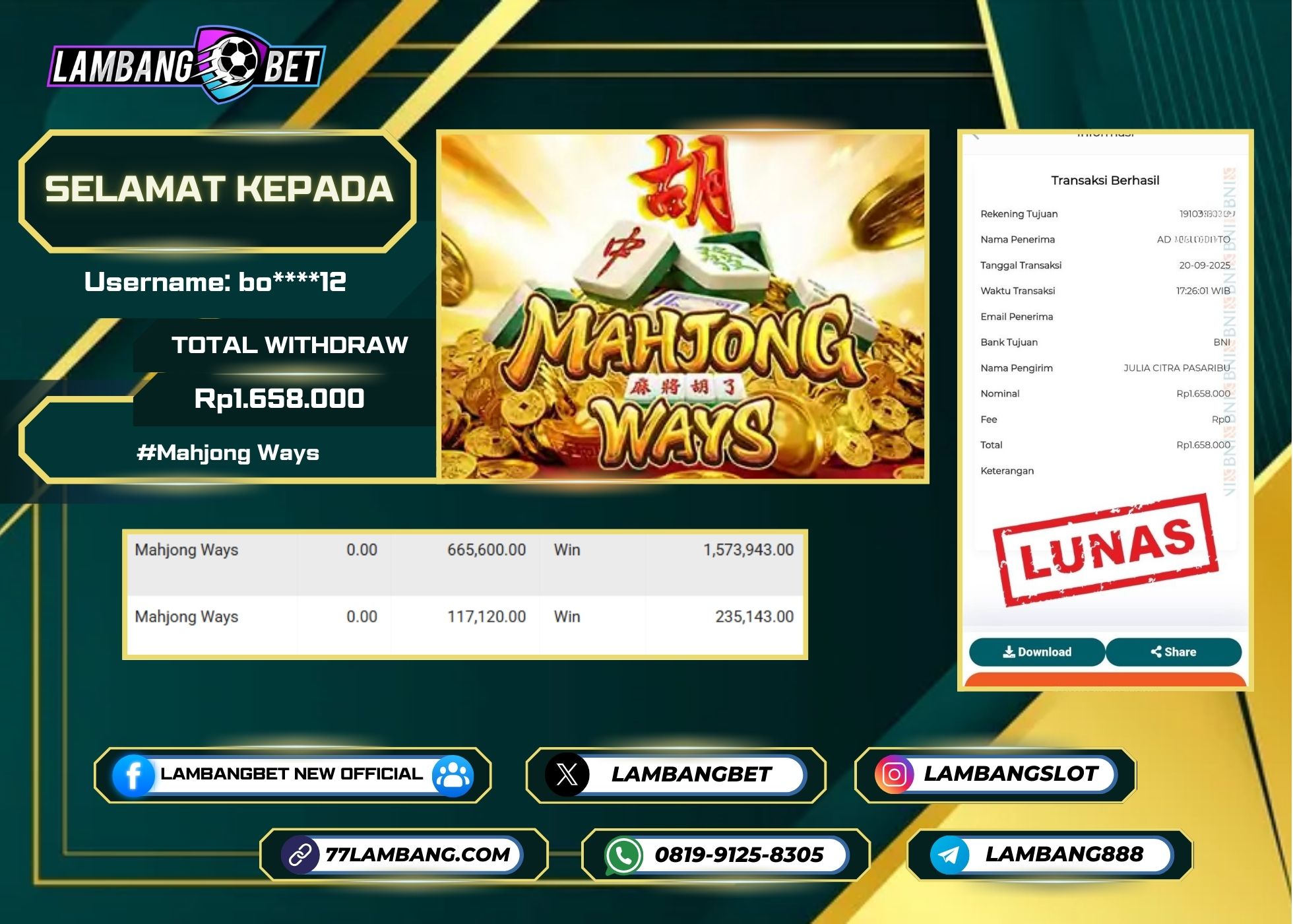 LAMBANGBET [20 SEPTEMBER 2025] JACKPOT SLOT Mahjong Ways "Rp1.658.000" LUNAS
