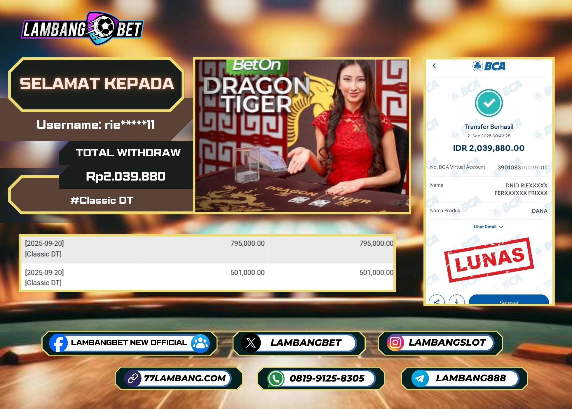 LAMBANGBET [21 SEPTEMBER 2025] JACKPOT LIVE CASINO Classic DT "Rp2.039.880" LUNAS