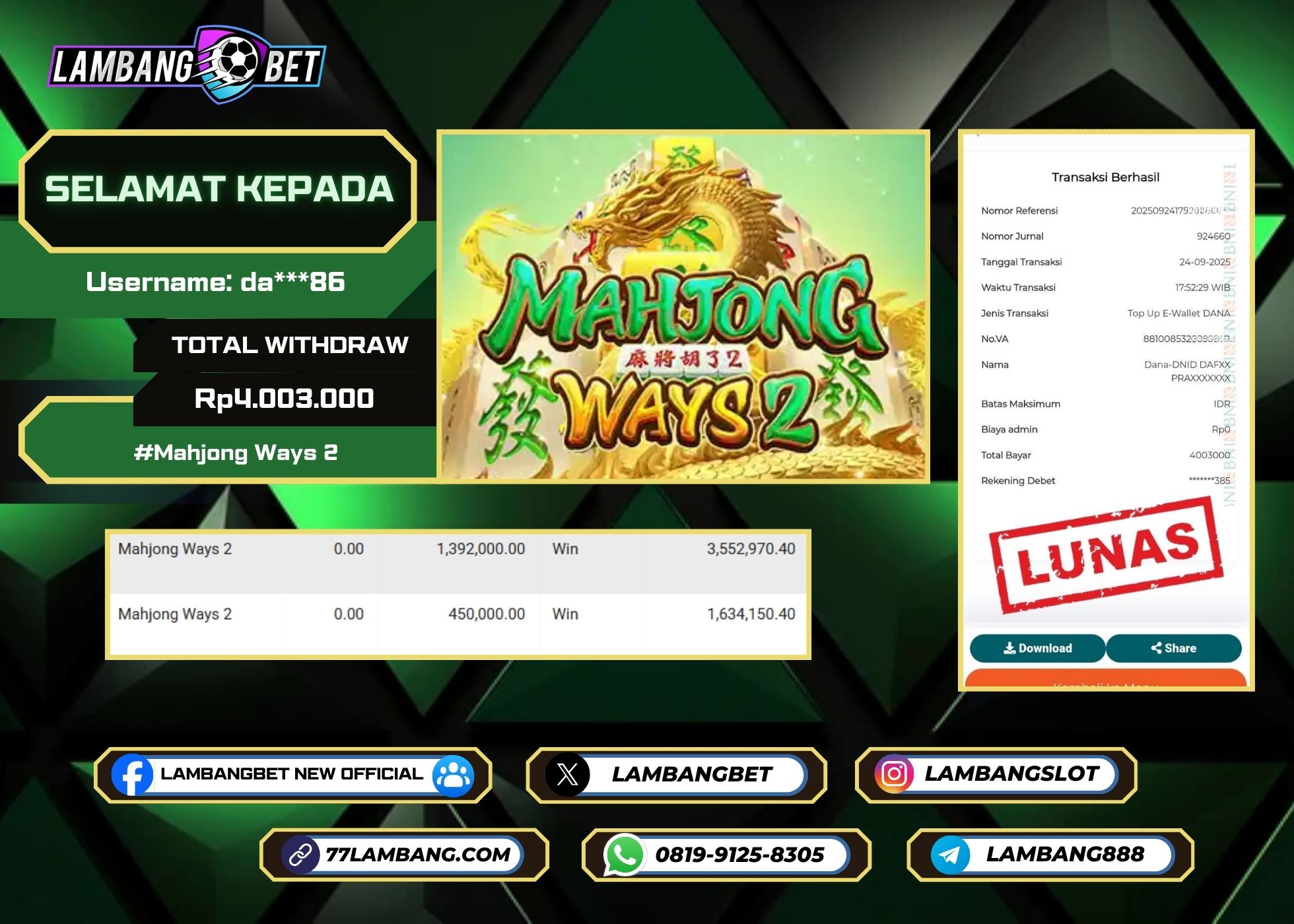 LAMBANGBET [24 SEPTEMBER 2025] JACKPOT SLOT Mahjong Ways 2 "Rp4.003.000" LUNAS