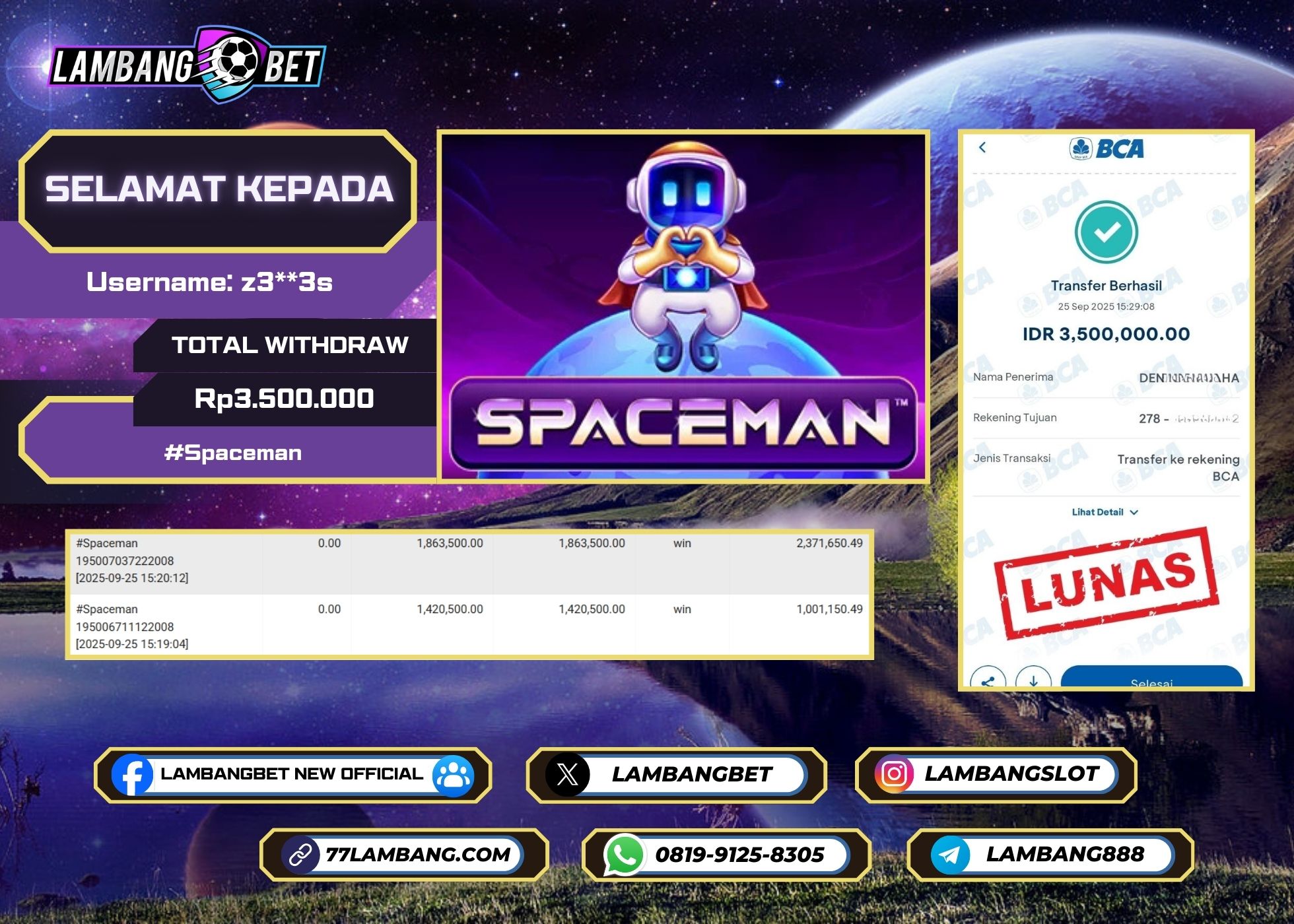 LAMBANGBET [25 SEPTEMBER 2025] JACKPOT ARCADE Spaceman "Rp3.500.000" LUNAS