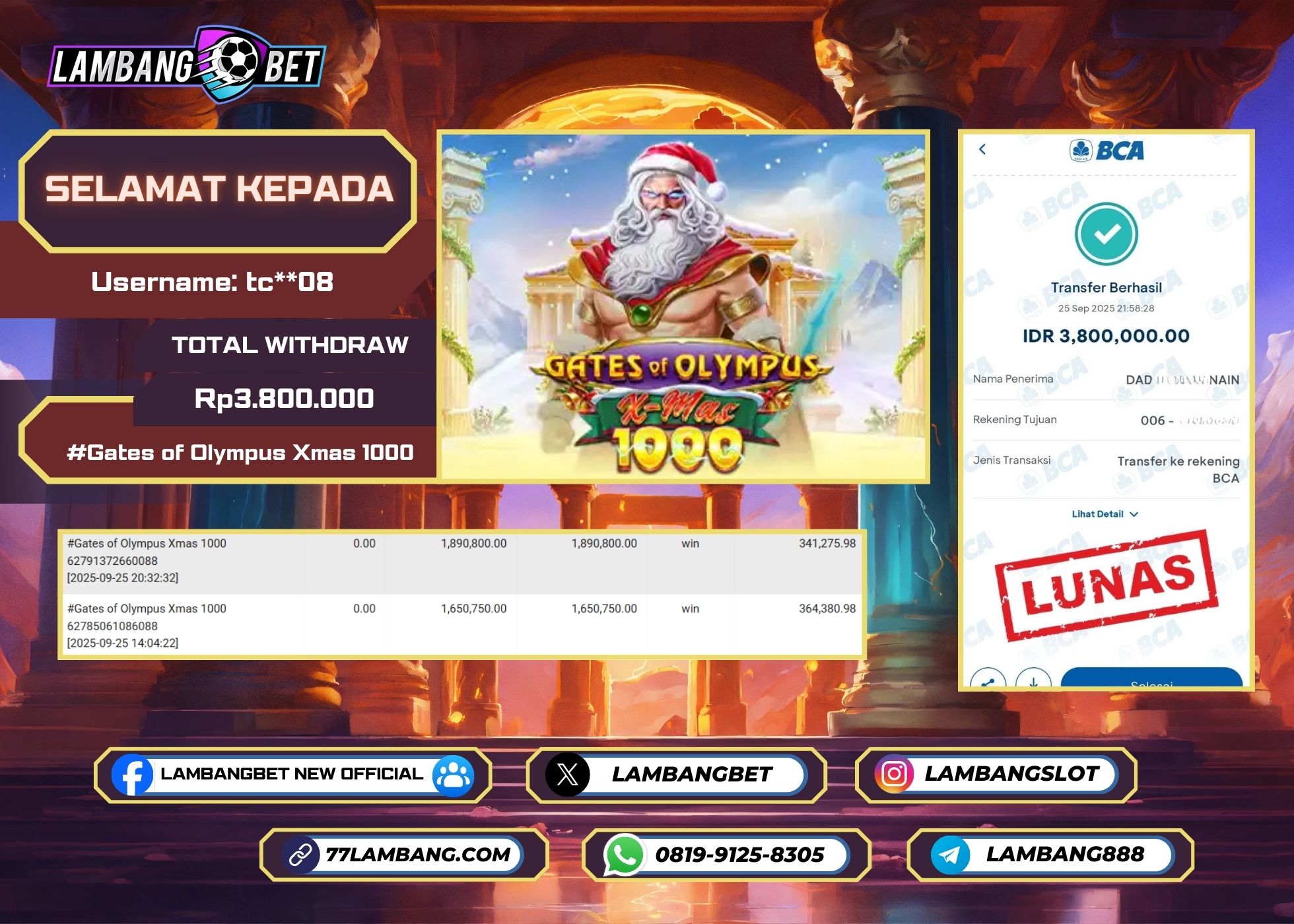 LAMBANGBET [25 SEPTEMBER 2025] JACKPOT SLOT Gates of Olympus Xmas 1000 "Rp3.800.000" LUNAS