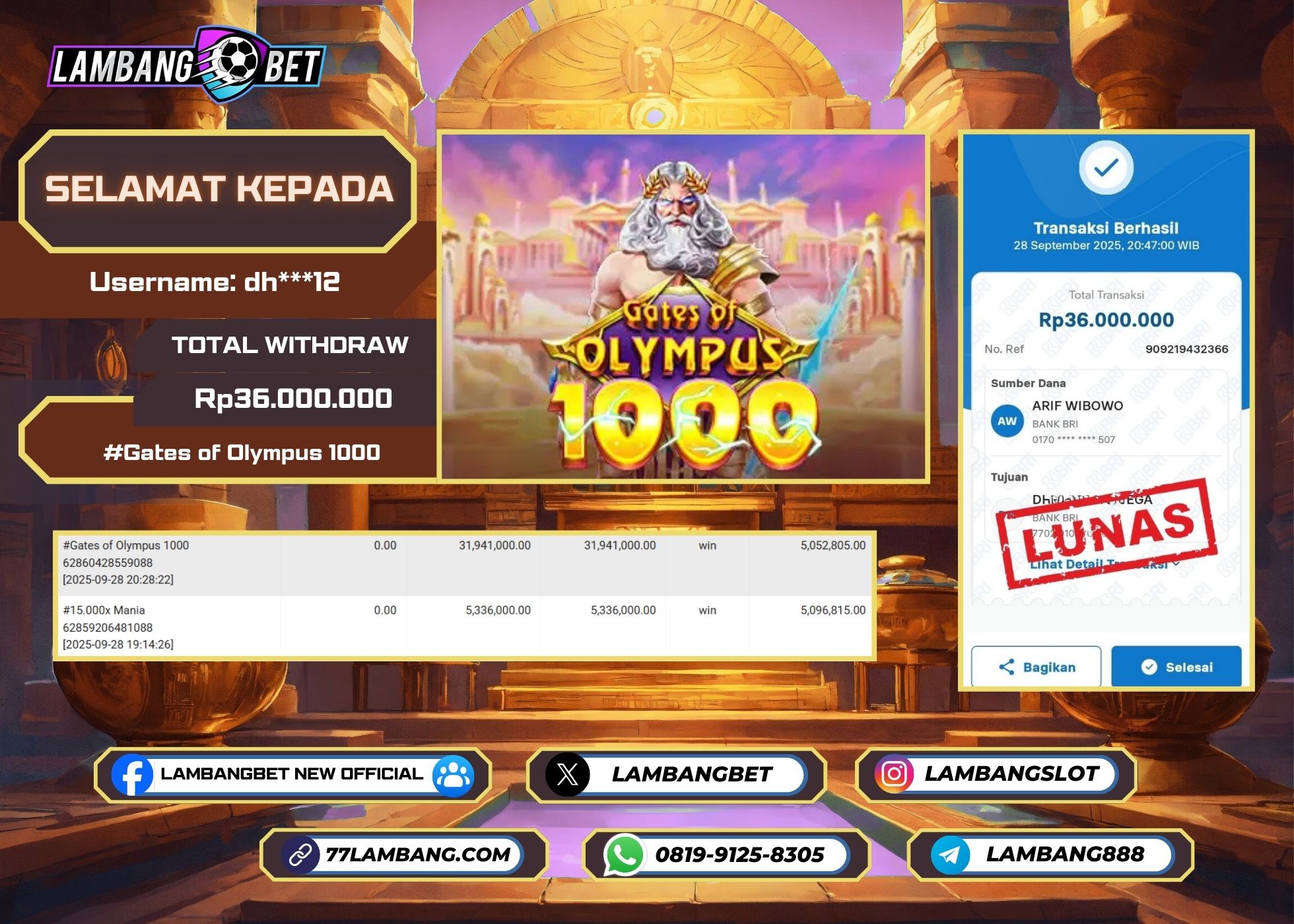 LAMBANGBET [28 SEPTEMBER 2025] JACKPOT SLOT Gates of Olympus 1000 "Rp36.000.000" LUNAS