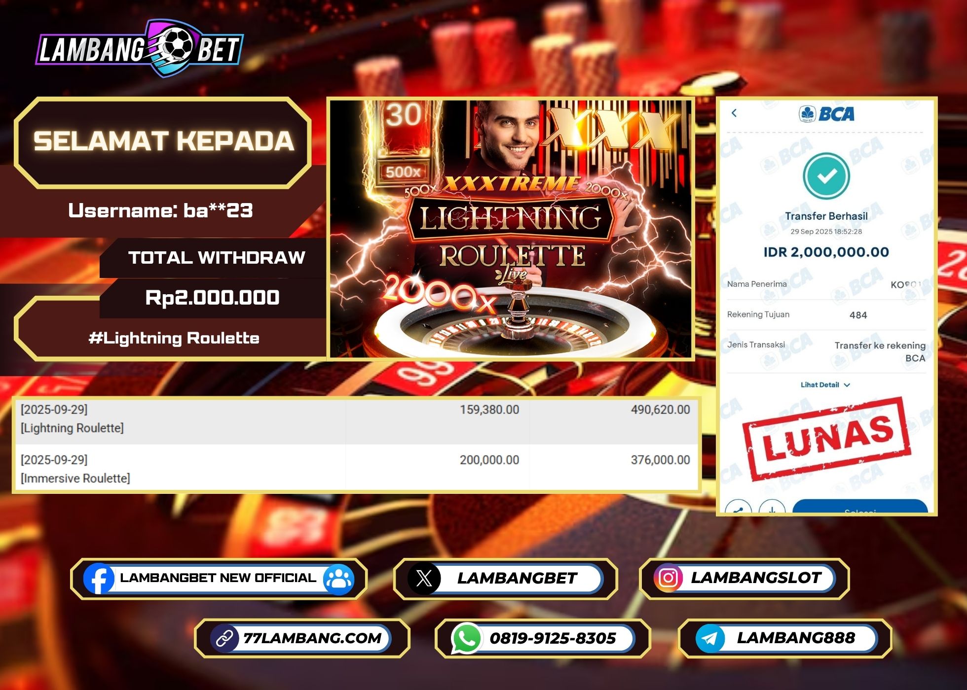 LAMBANGBET [29 SEPTEMBER 2025] JACKPOT LIVE CASINO Evolution Lightning Roulette "Rp2.000.000" LUNAS