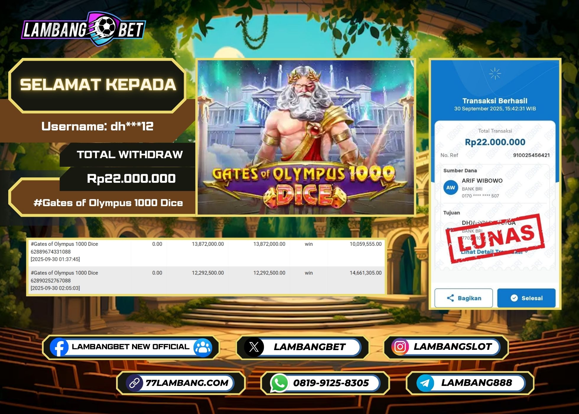 LAMBANGBET [30 SEPTEMBER 2025] JACKPOT SLOT Gates of Olympus 1000 Dice "Rp22.000.000" LUNAS
