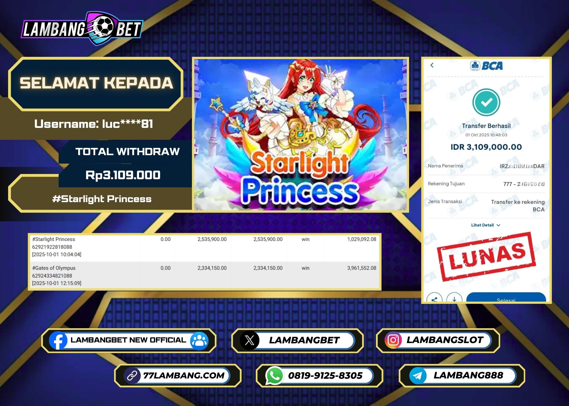 LAMBANGBET [1 OKTOBER 2025] JACKPOT SLOT Starlight Princess "Rp3.109.000" LUNAS