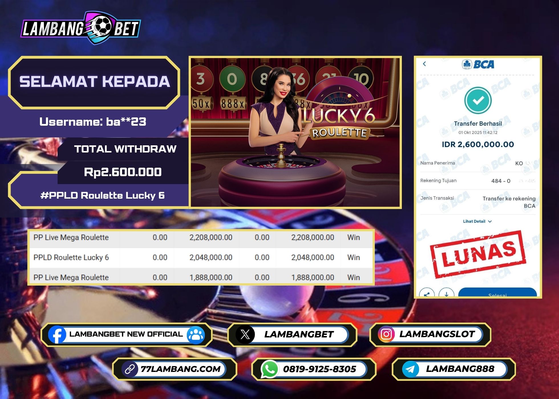 LAMBANGBET [1 OKTOBER 2025] JACKPOT LIVE CASINO PPLD Roulette Lucky 6 "Rp2.600.000" LUNAS