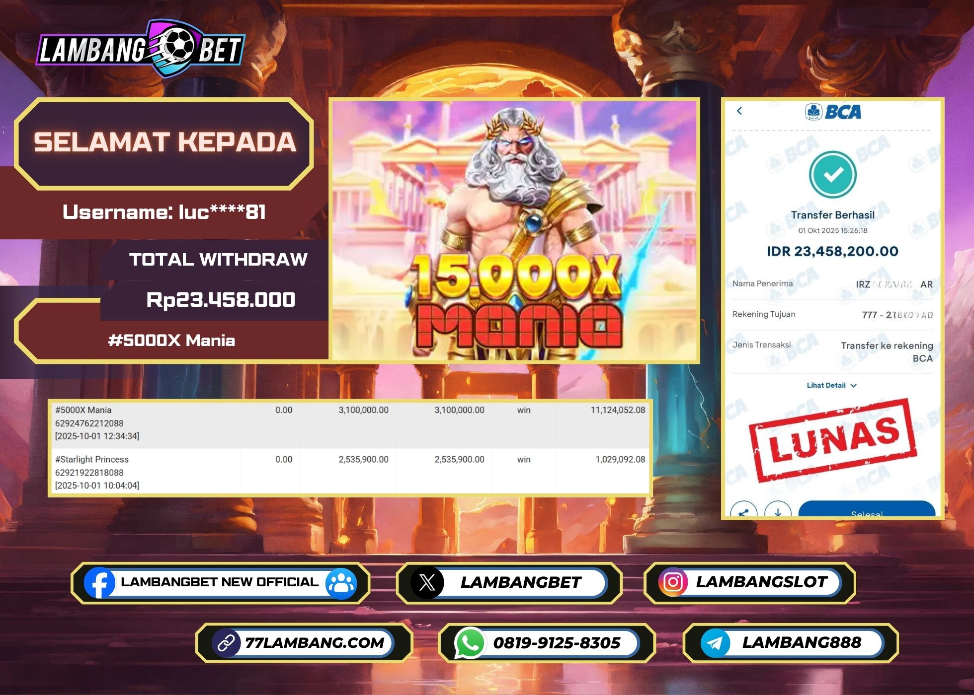 LAMBANGBET [1 OKTOBER 2025] JACKPOT SLOT 5000X Mania "Rp23.458.000" LUNAS