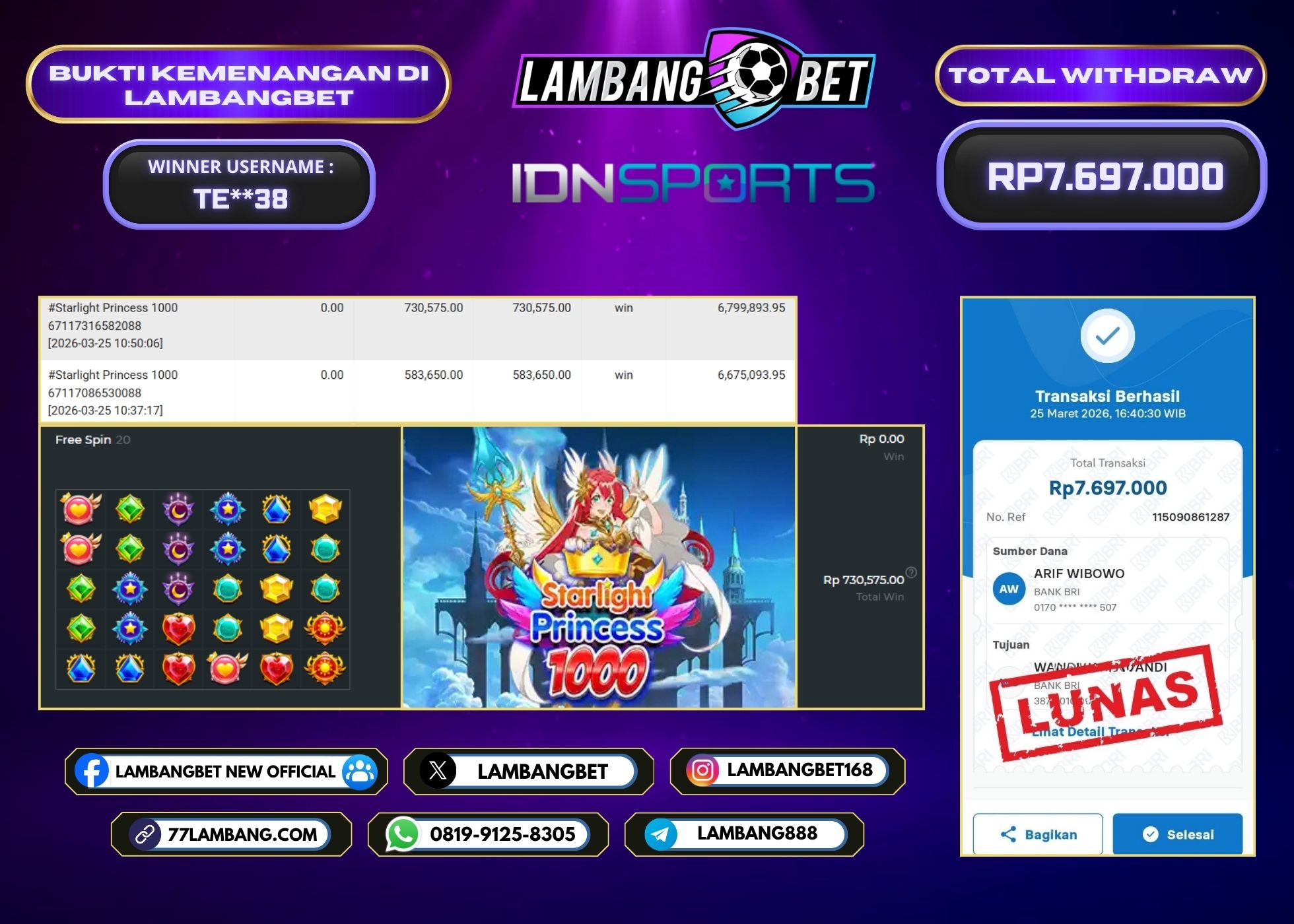 LAMBANGBET [25 MARET 2026] JACKPOT SLOT Starlight Princess 1000 "Rp7.697.000" LUNAS
