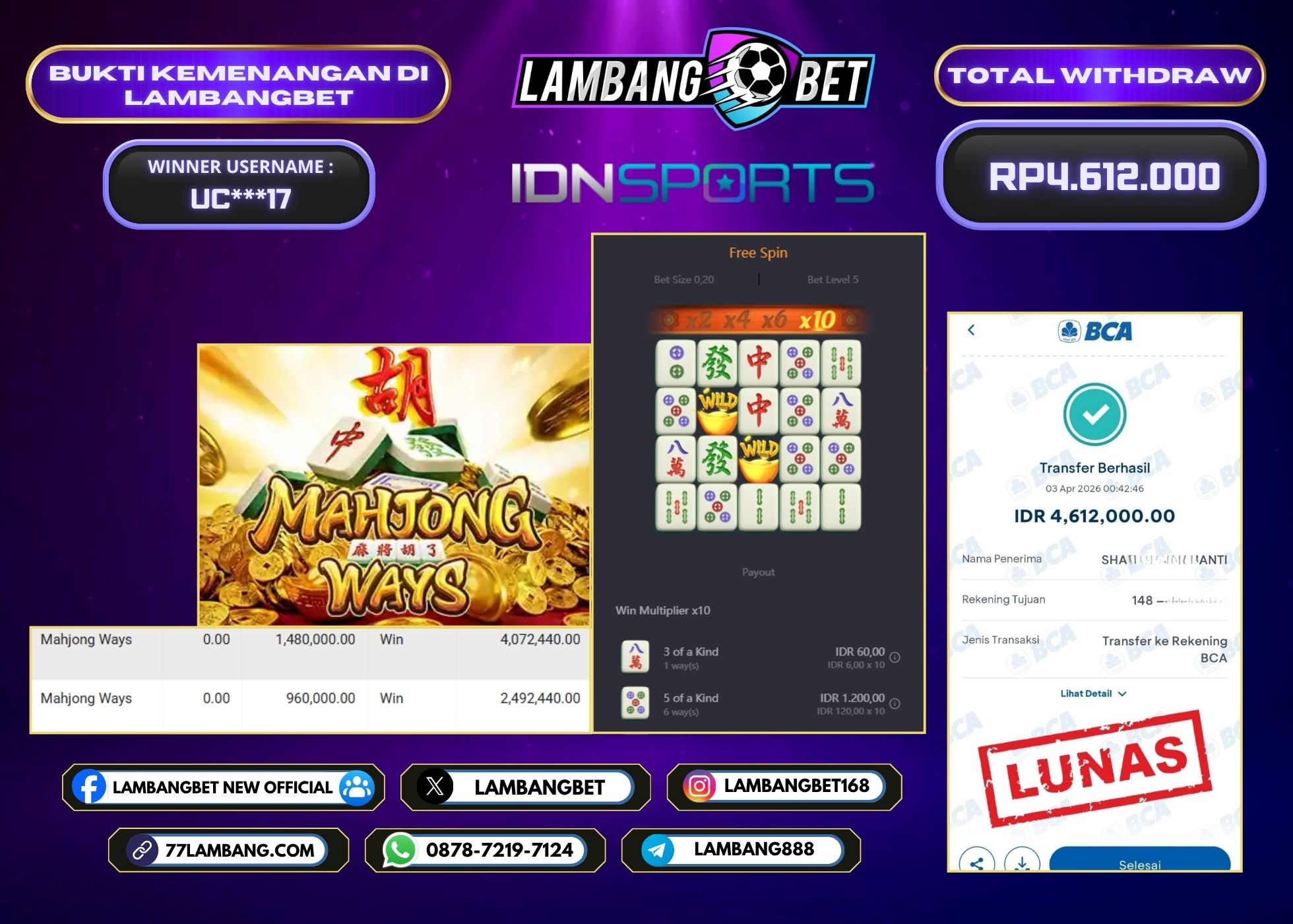 LAMBANGBET [3 APRIL 2026] JACKPOT SLOT Mahjong Ways "Rp4.612.000" LUNAS