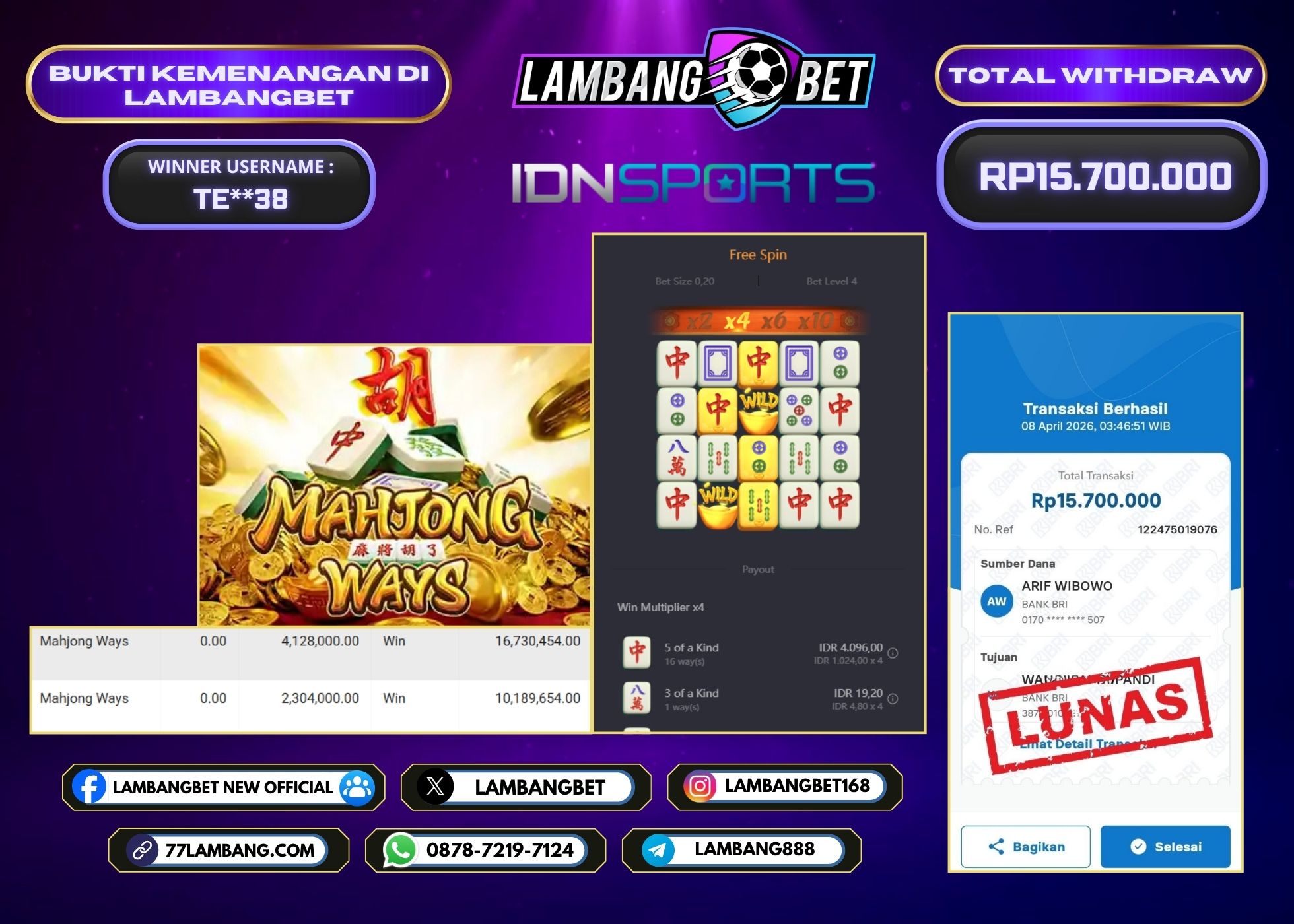 LAMBANGBET [8 APRIL 2026] JACKPOT SLOT Mahjong Ways "Rp15.700.000" LUNAS
